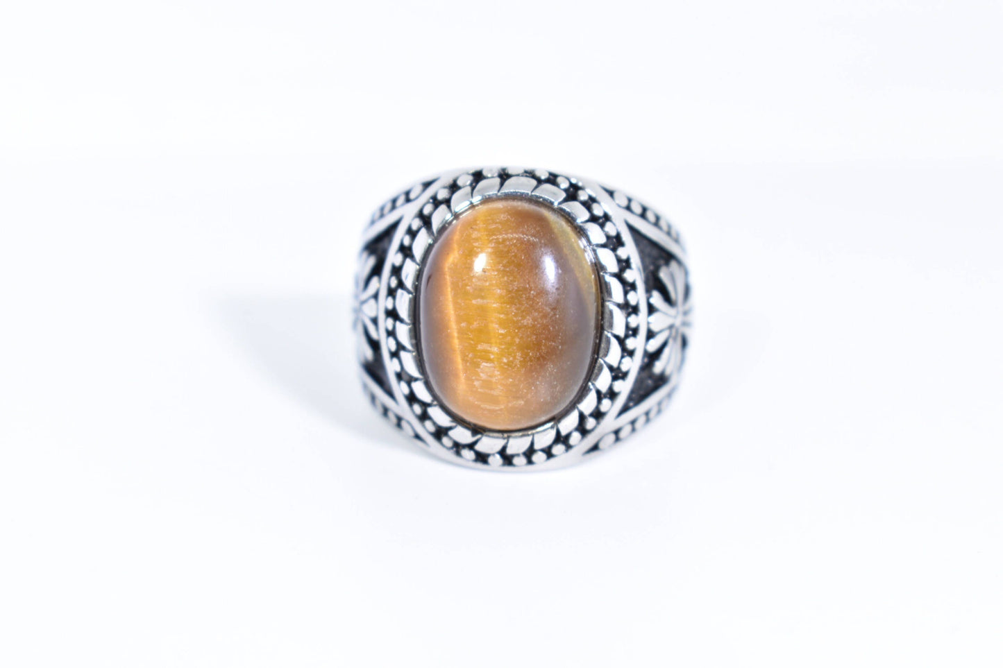 Vintage Gothic Cross Stainless Steel Genuine Tigers Eye Ring