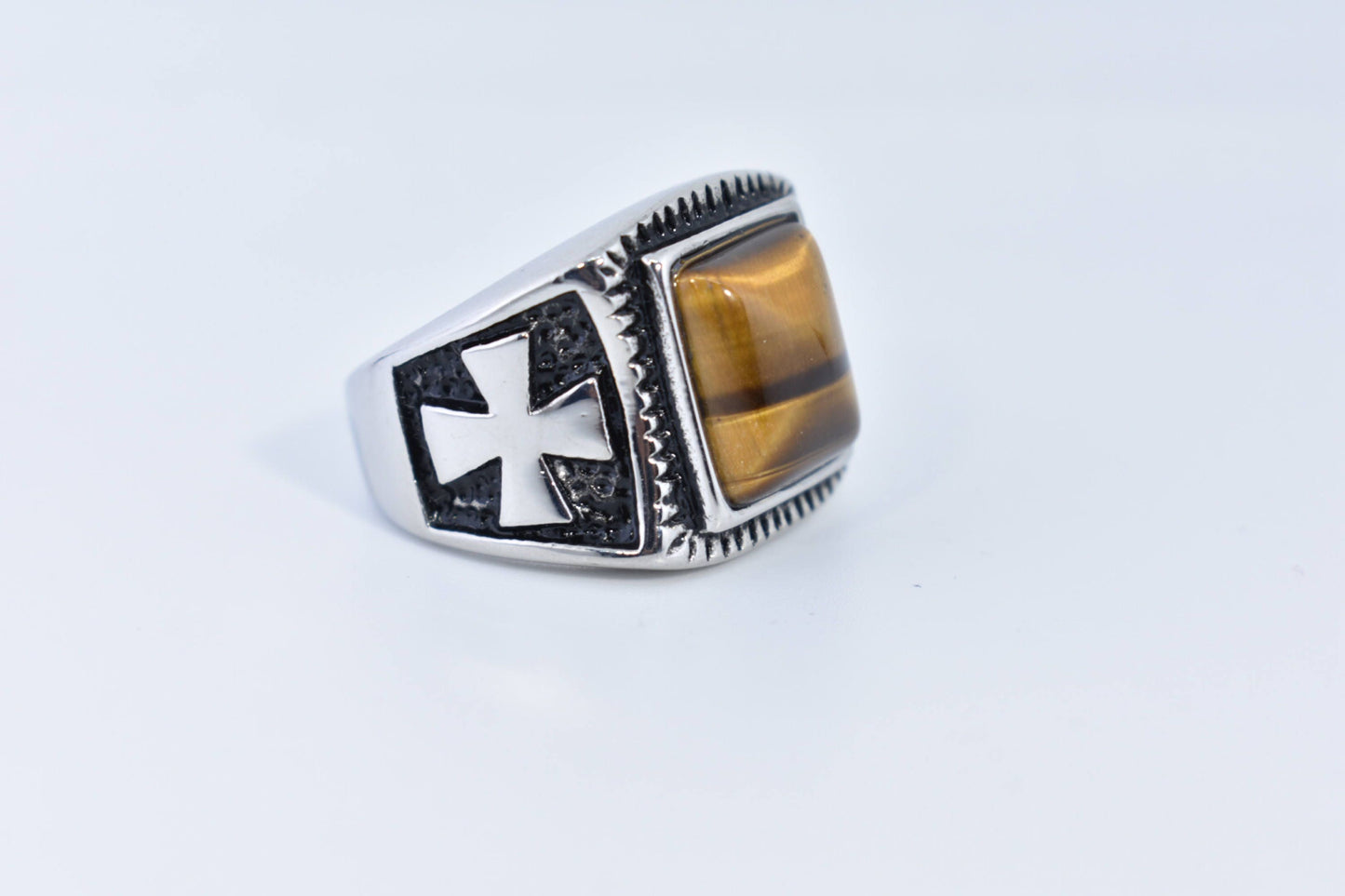 Vintage Gothic Cross Stainless Steel Genuine Tigers Eye Ring