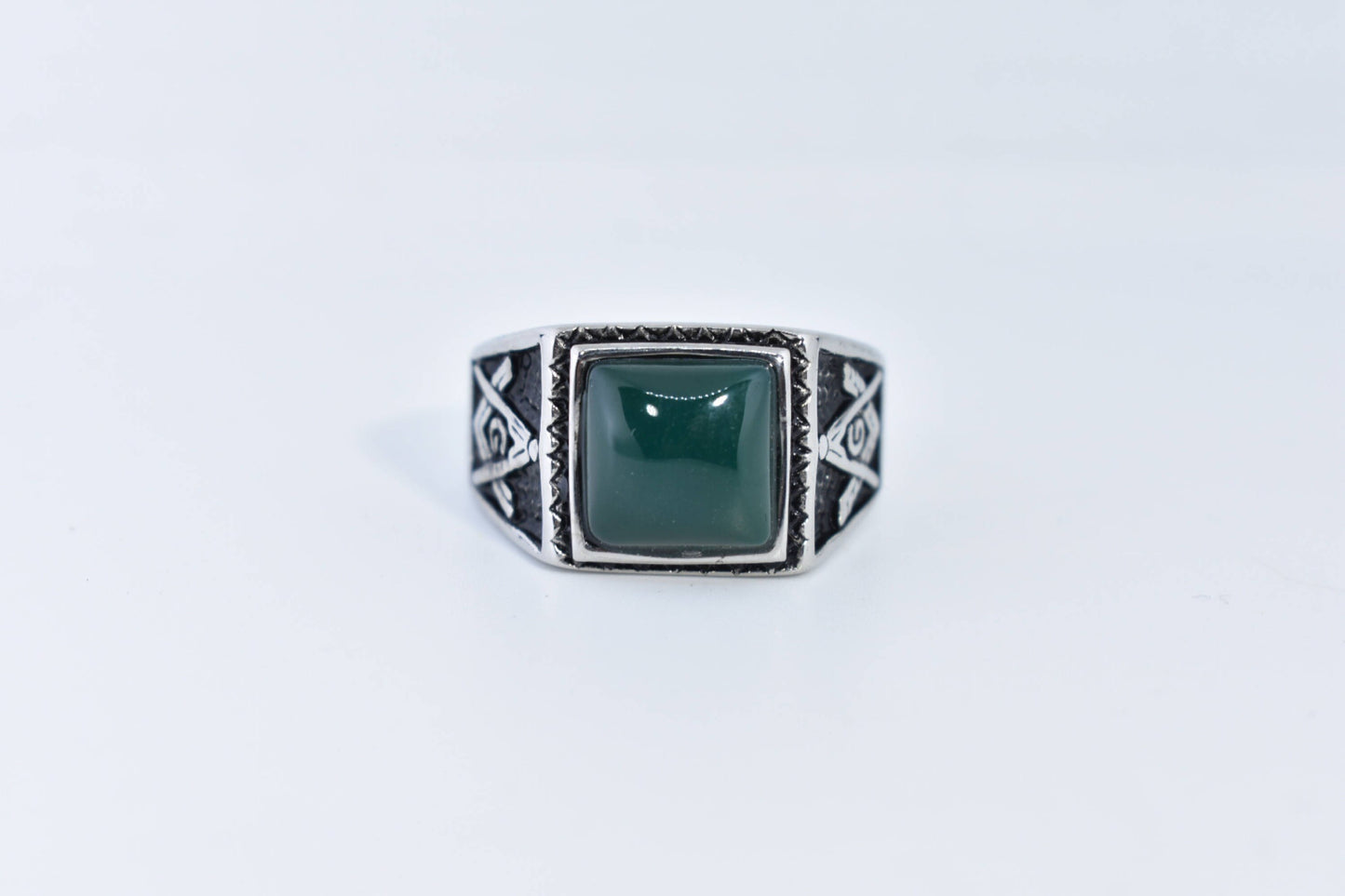 Vintage Gothic Silver Stainless Steel Genuine Green Onyx Free Mason Mens Ring
