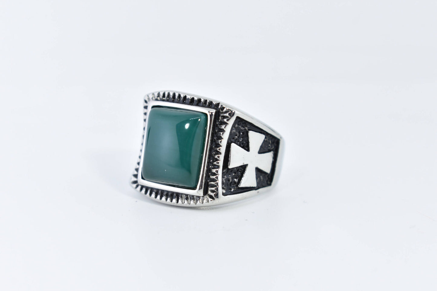Vintage Gothic Silver Stainless Steel Genuine Green Onyx Mens Ring