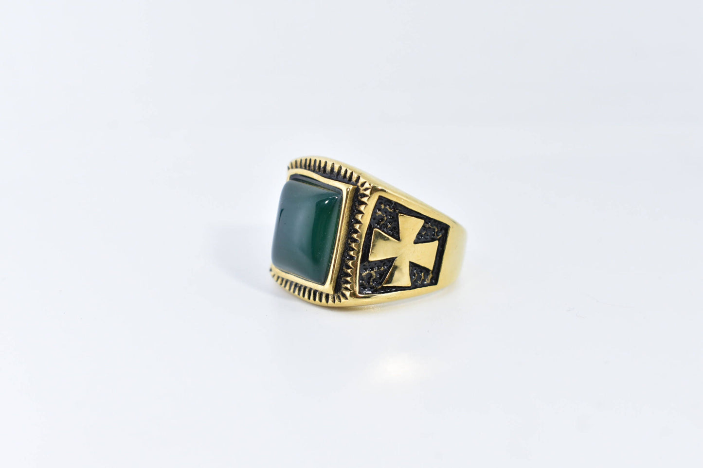 Vintage Gothic Silver Stainless Steel Genuine Green Onyx Mens Cross Ring