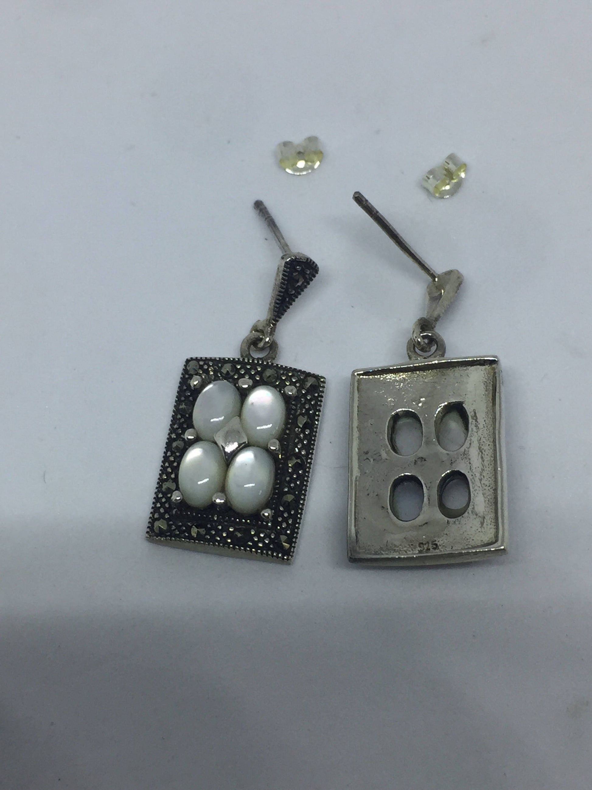 Vintage Marcasite and Genuine Mother of Pearl 925 Sterling Silver Dangle Earrings