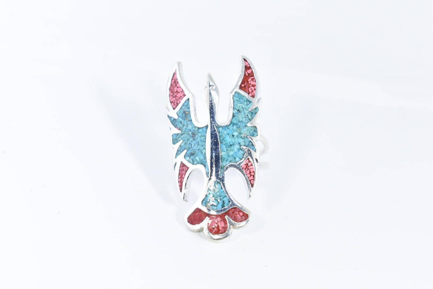 Vintage Native American Style Southwestern Turquoise Stone Inlay Mens Hawk Ring