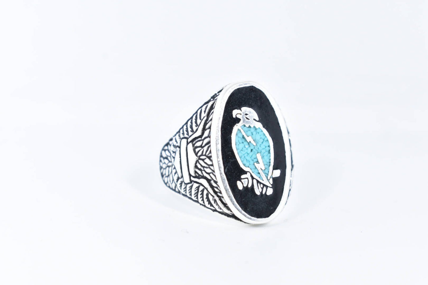 Vintage Native American Style Southwestern Turquoise Stone Inlay Mens Hawk Ring