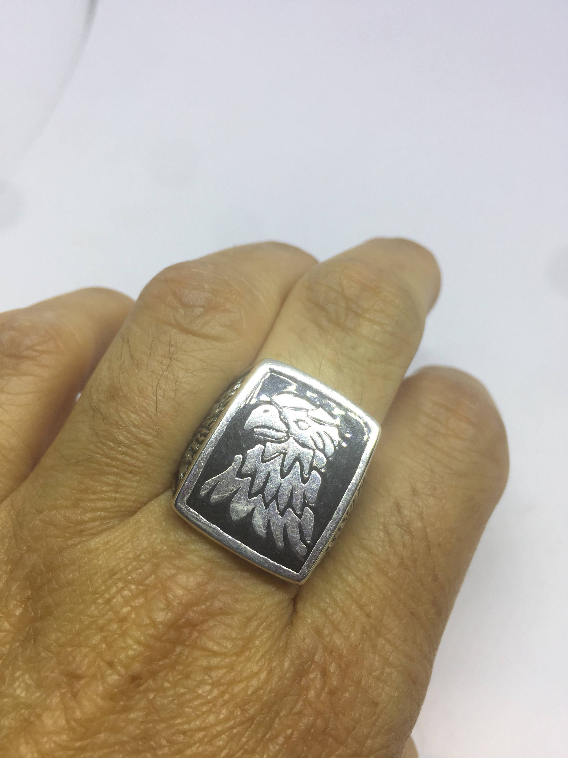 Vintage Native American Style Black Enamel Southwestern Mens Eagle Ring