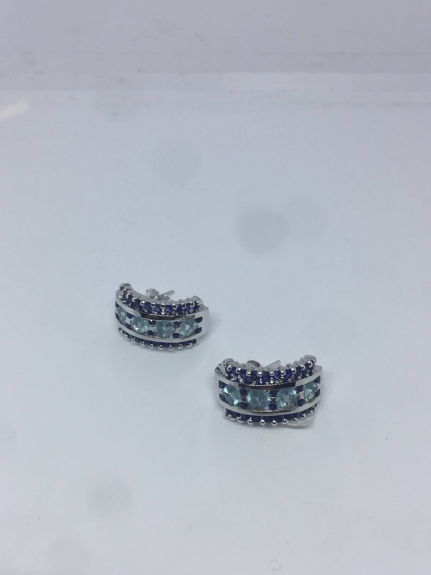 Vintage Handmade Sterling Silver Genuine Deep Blue Sapphire and flurite Earrings