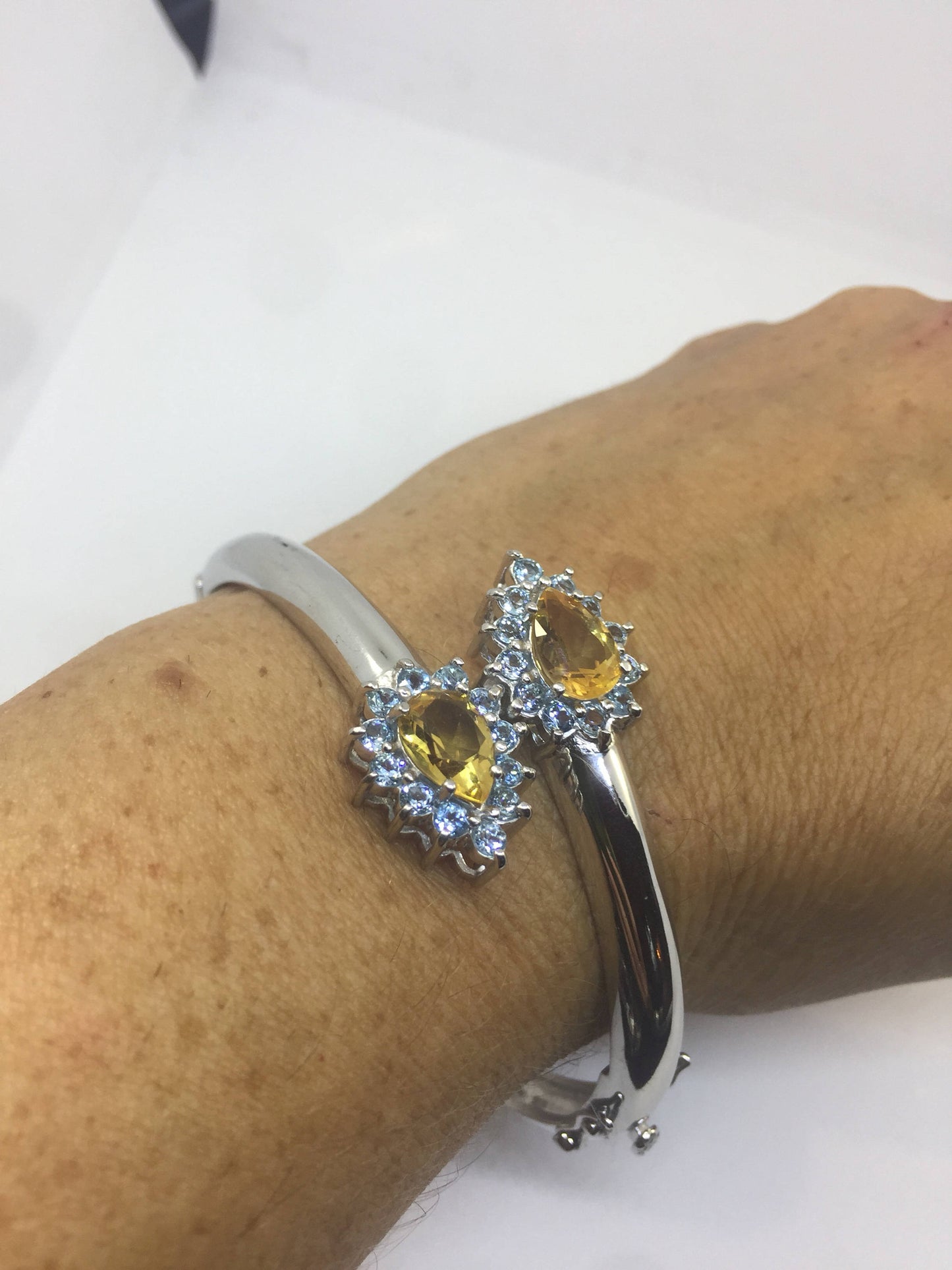 Genuine Citrine Gemstone 925 Sterling Silver Bangle Bracelet