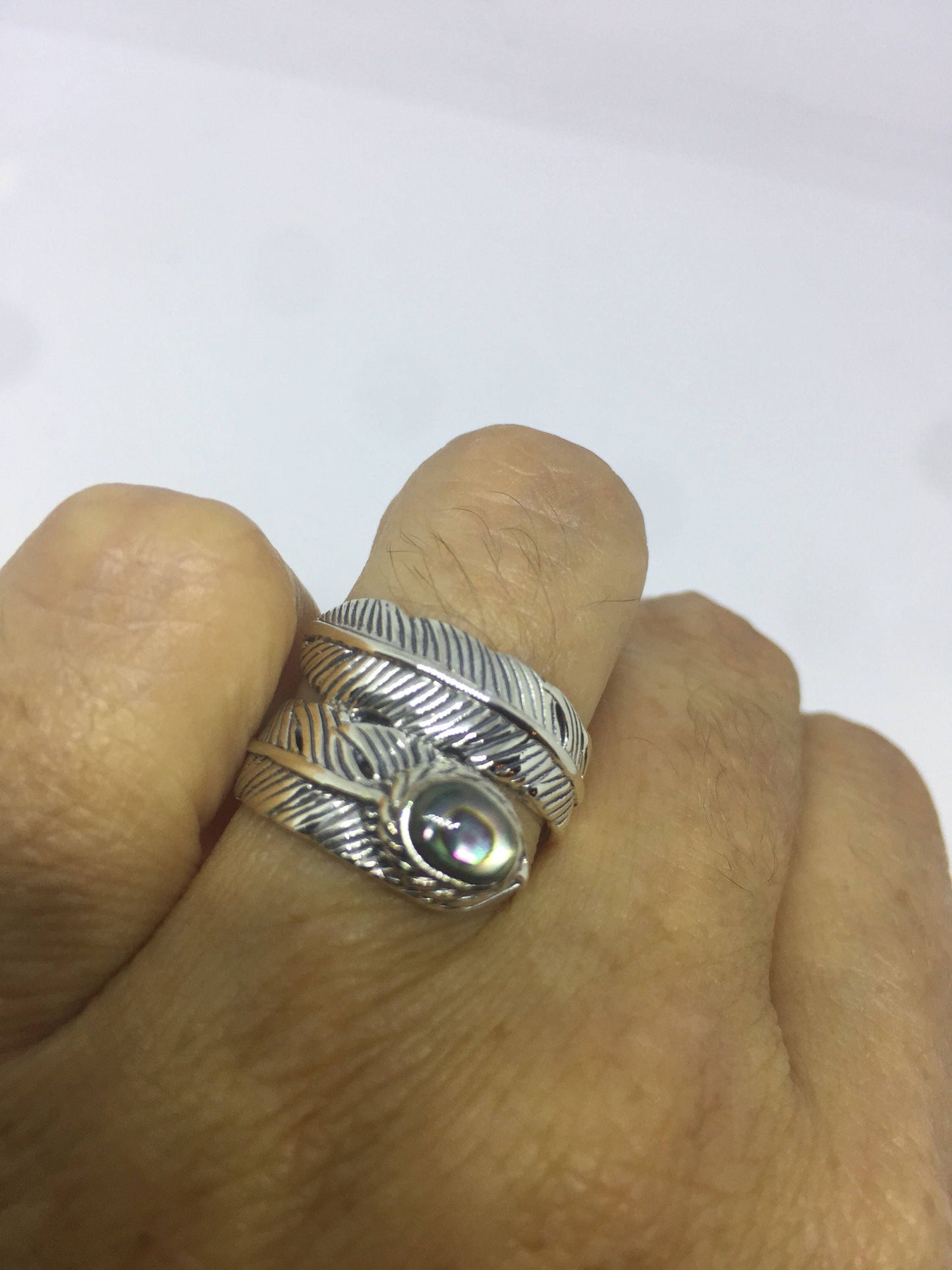 Vintage Antique Southwestern Abalone 925 Sterling Silver wrap feather Ring