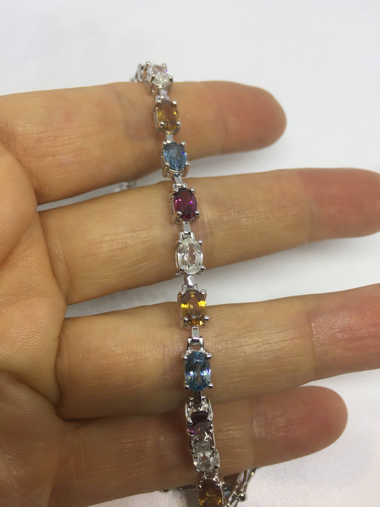 Vintage Garnet Amethyst Citrine in 925 Sterling Silver Tennis Bracelet
