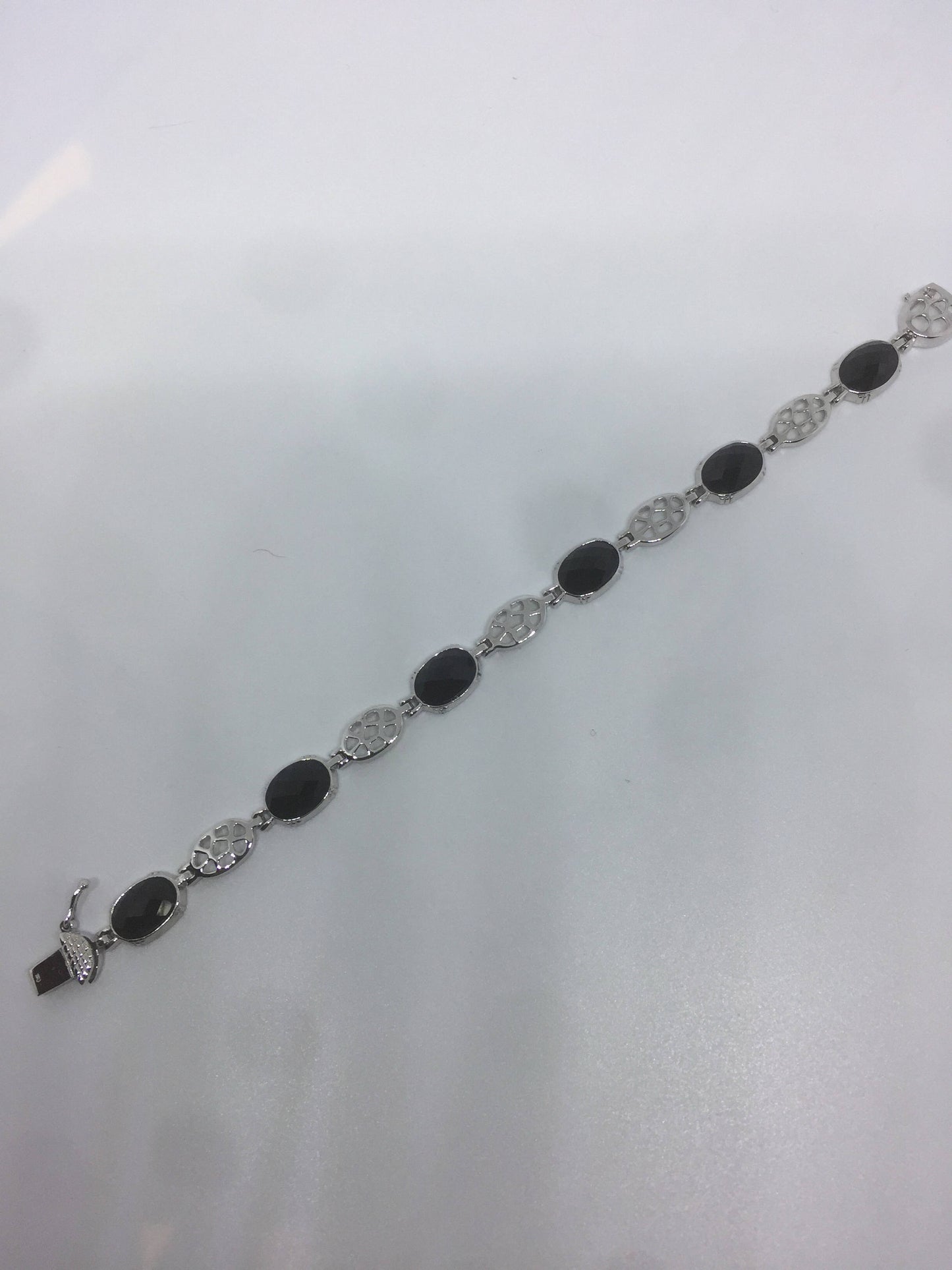 Vintage Hand Made 925% Sterling Silver Crystal Filligree Black Jet Faceted Onyx Bracelet