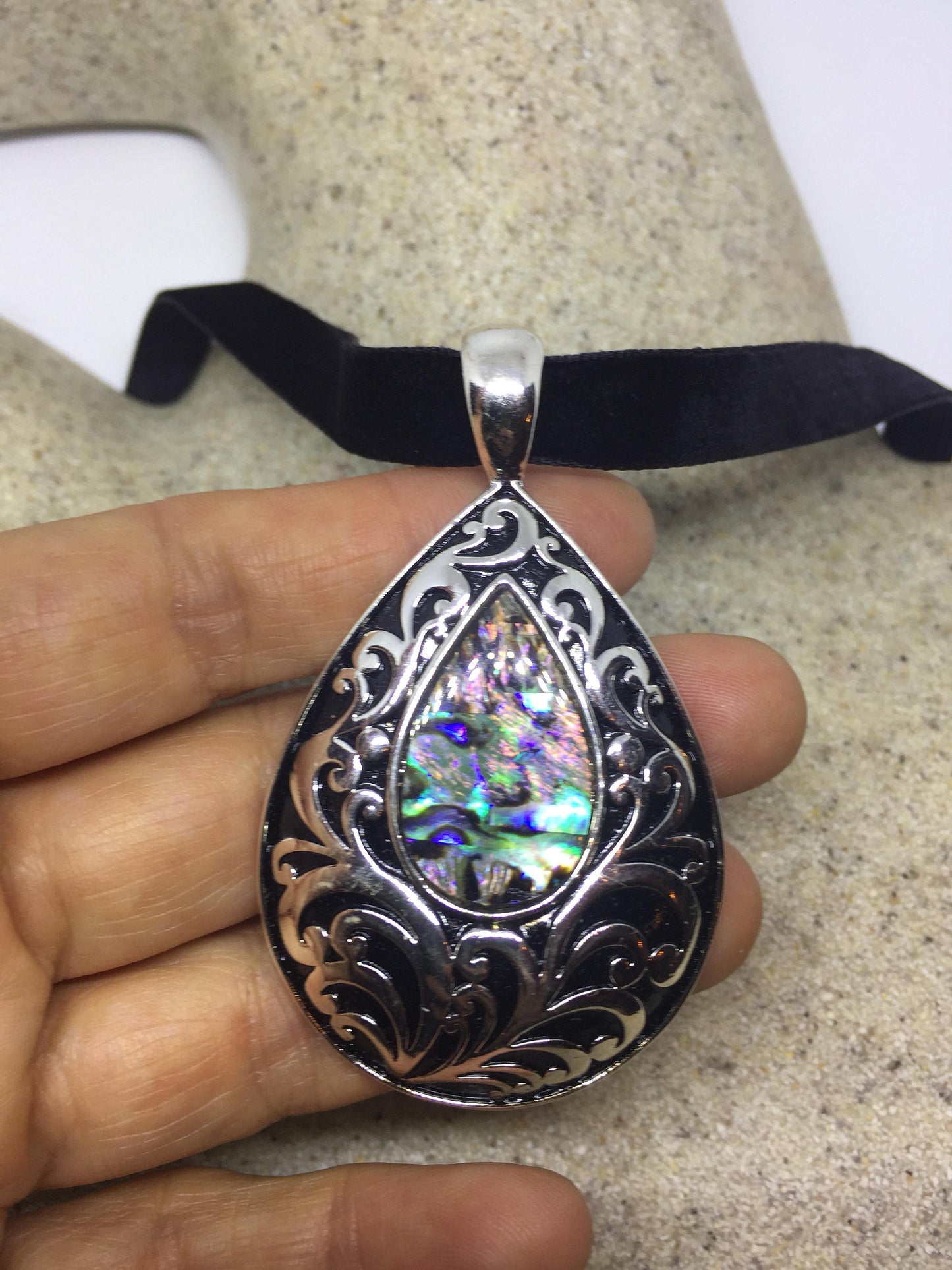 Blue Handmade Gothic Styled Silver Finished Genuine Facetted Antique Abalone Choker Necklace