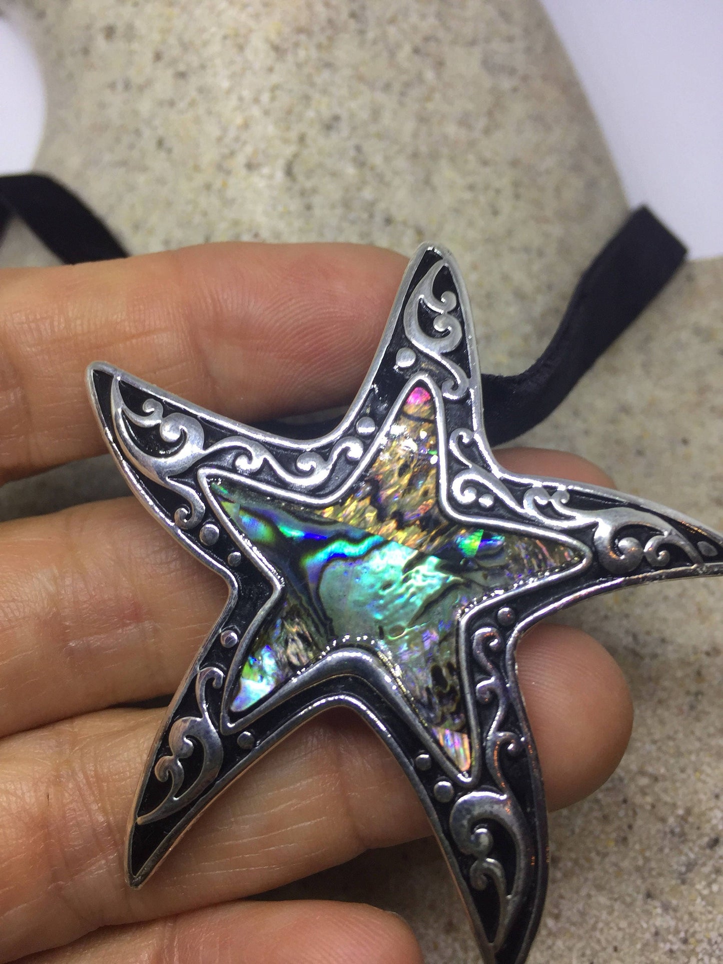 Blue Handmade Gothic Styled Silver Finished Genuine Abalone Star Fish Choker Necklace