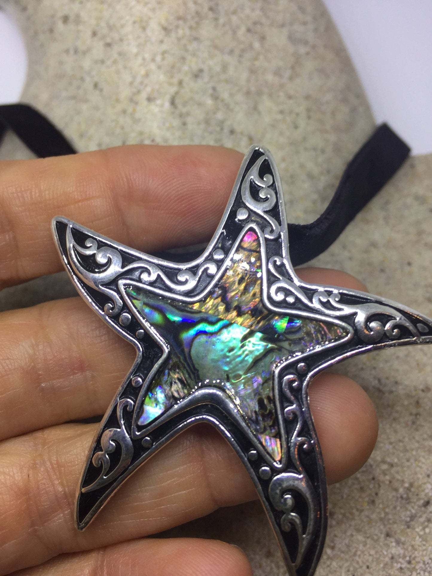 Blue Handmade Gothic Styled Silver Finished Genuine Abalone Star Fish Choker Necklace