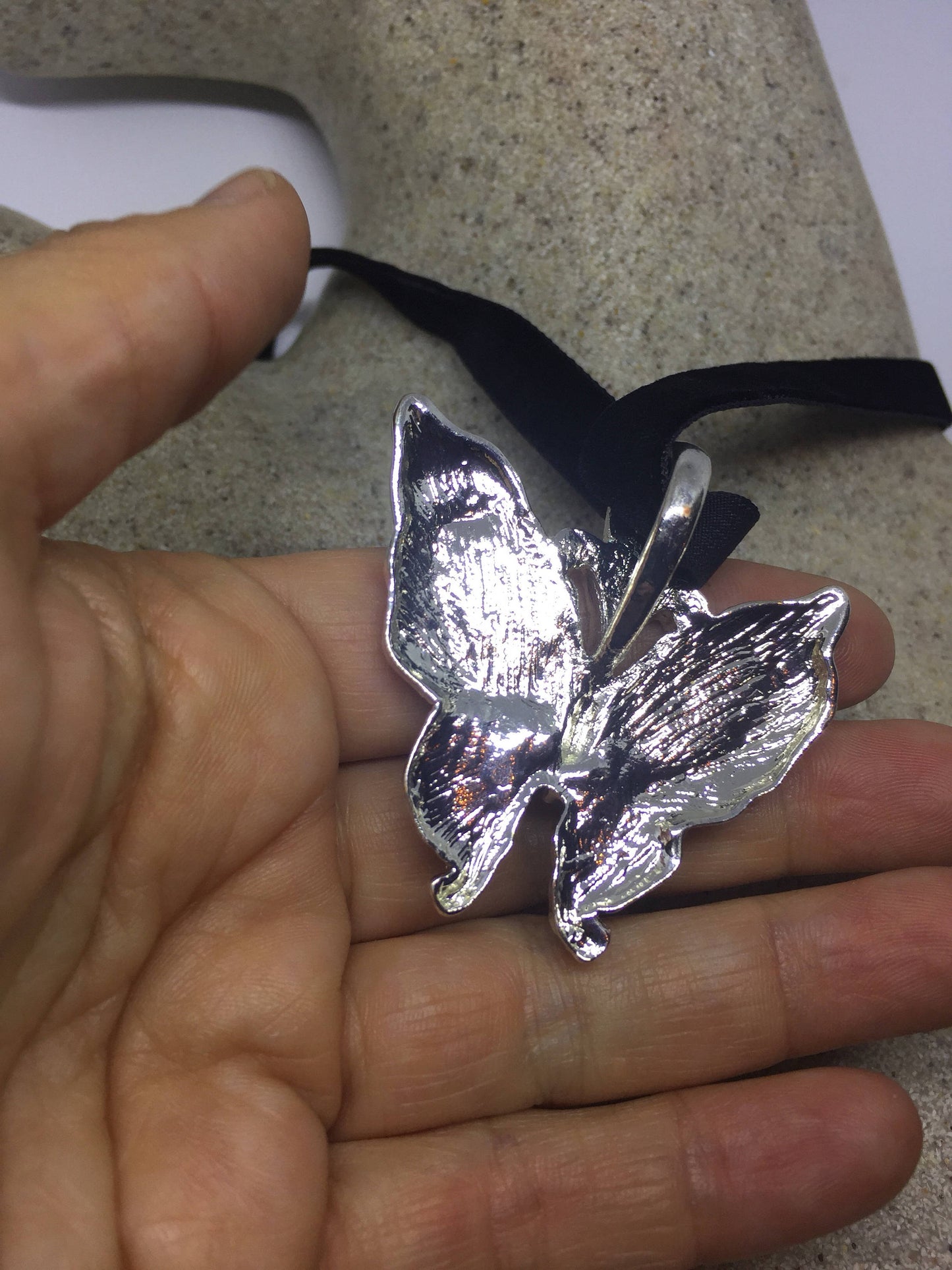 Blue Handmade Gothic Styled Silver Finished Genuine Abalone Butterfly Choker Necklace