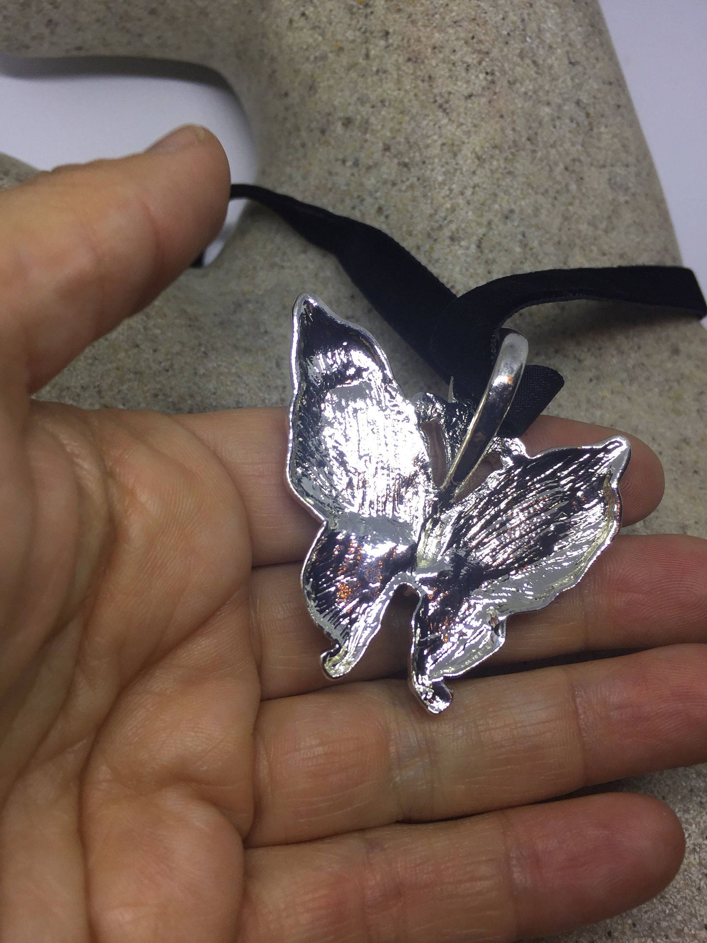 Blue Handmade Gothic Styled Silver Finished Genuine Abalone Butterfly Choker Necklace