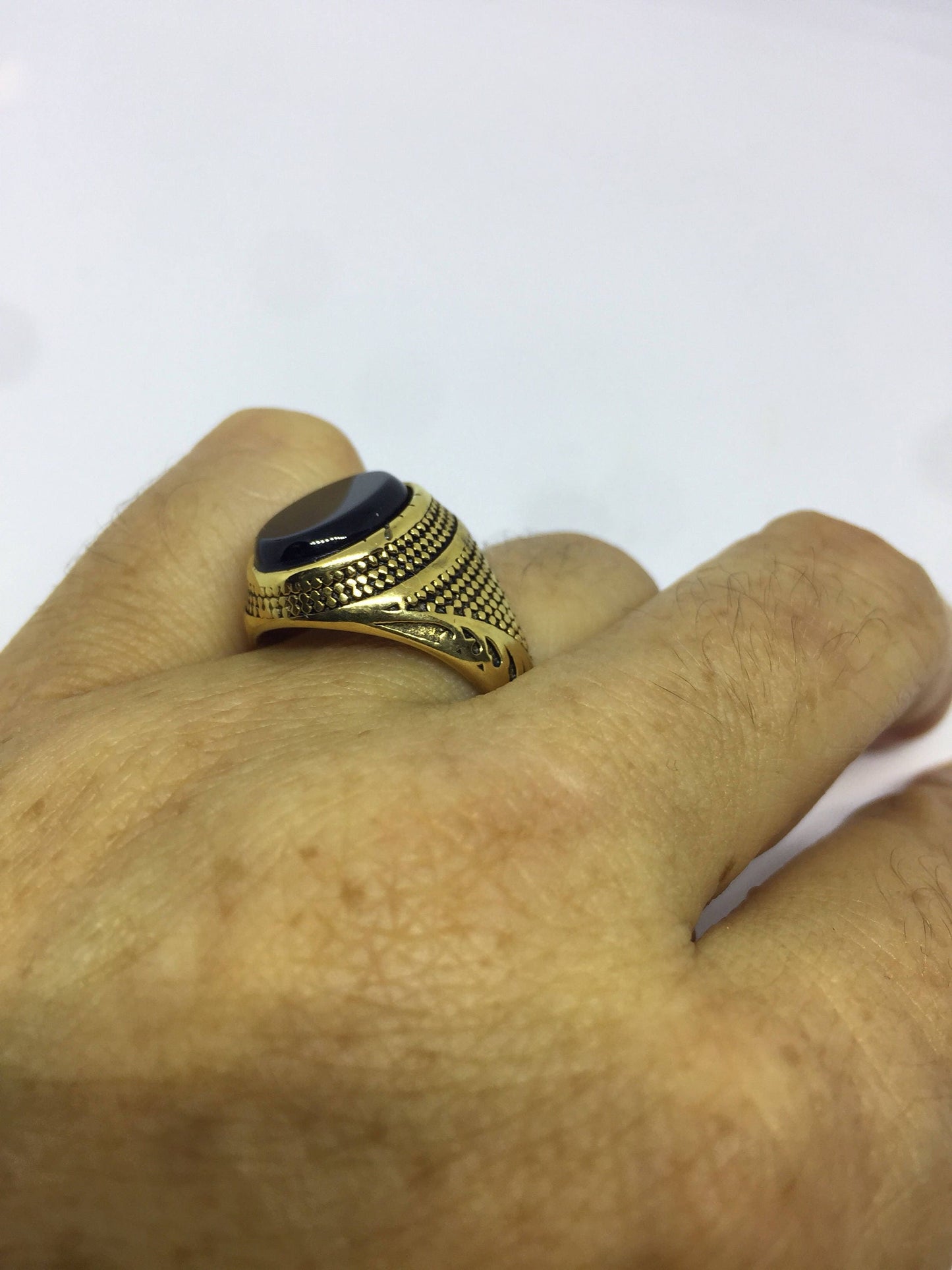 Vintage Gothic Gold Finished Stainless Steel Black Onyx Mens Ring
