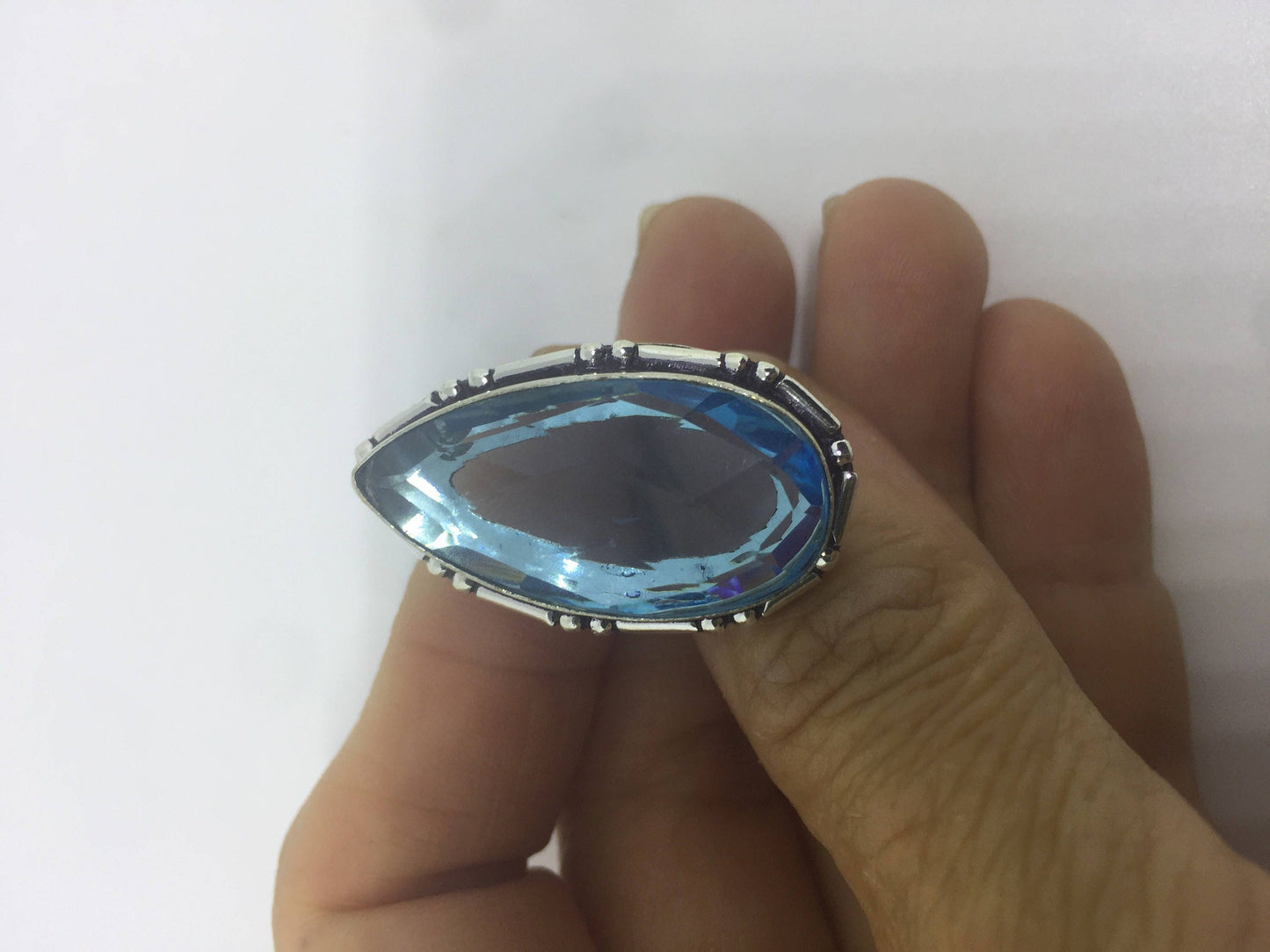 Vintage Aqua Art Glass Ring, Ornate German Silver, Size 5