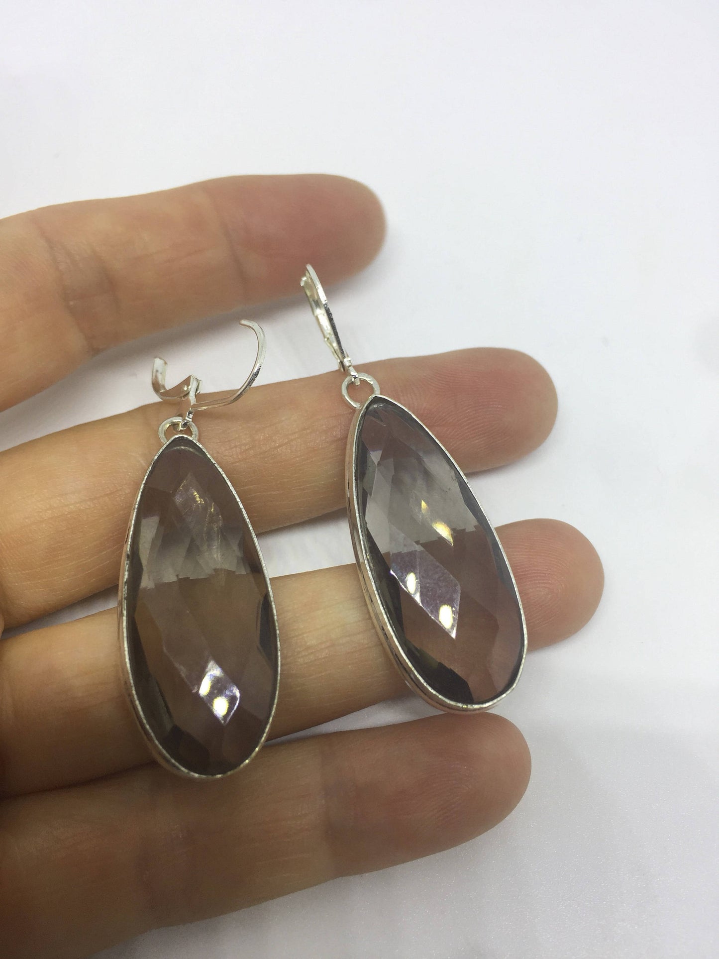 Antique Vintage Smoky Volcanic Glass Silver Dangle Earrings
