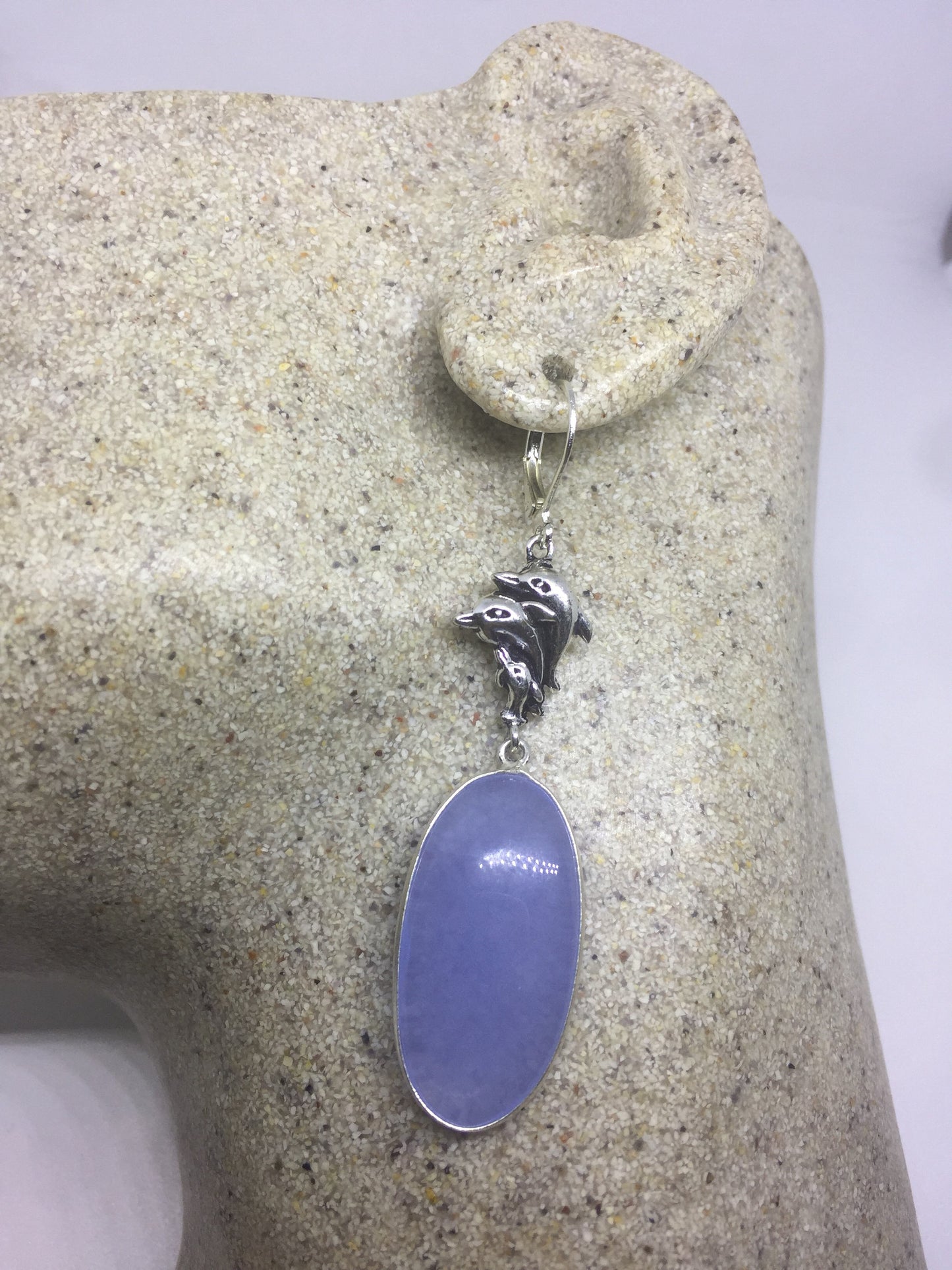 Antique Vintage Blue Chalcedony Silver Dolphin Dangle Earrings
