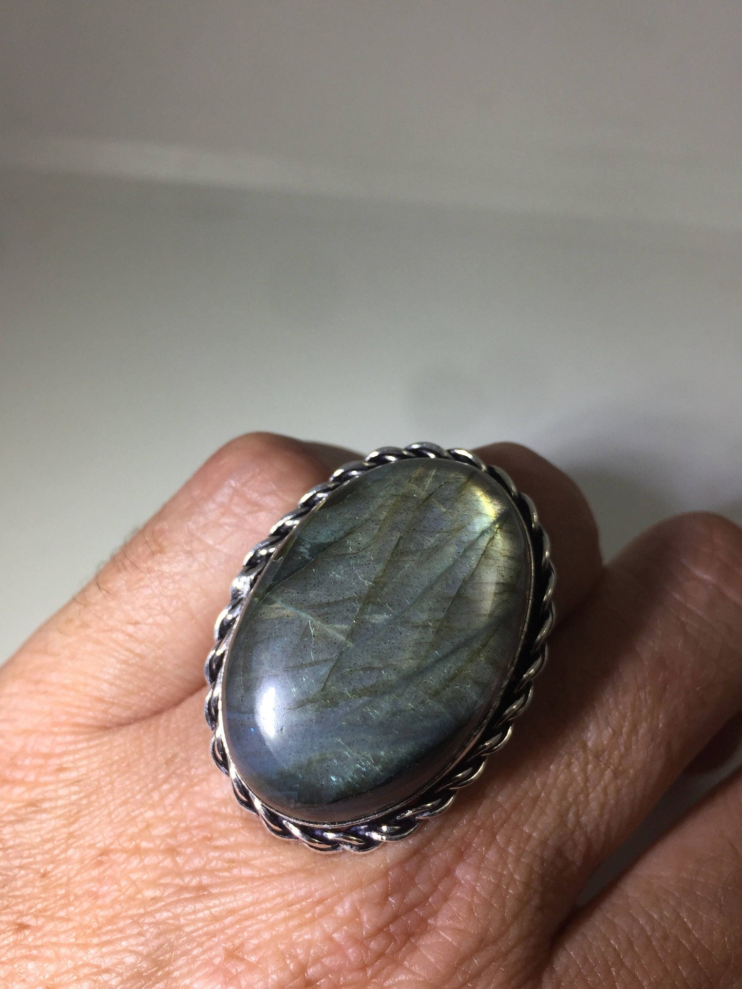 Vintage Large Labradorite Rainbow Moonstone Stone Silver Ring