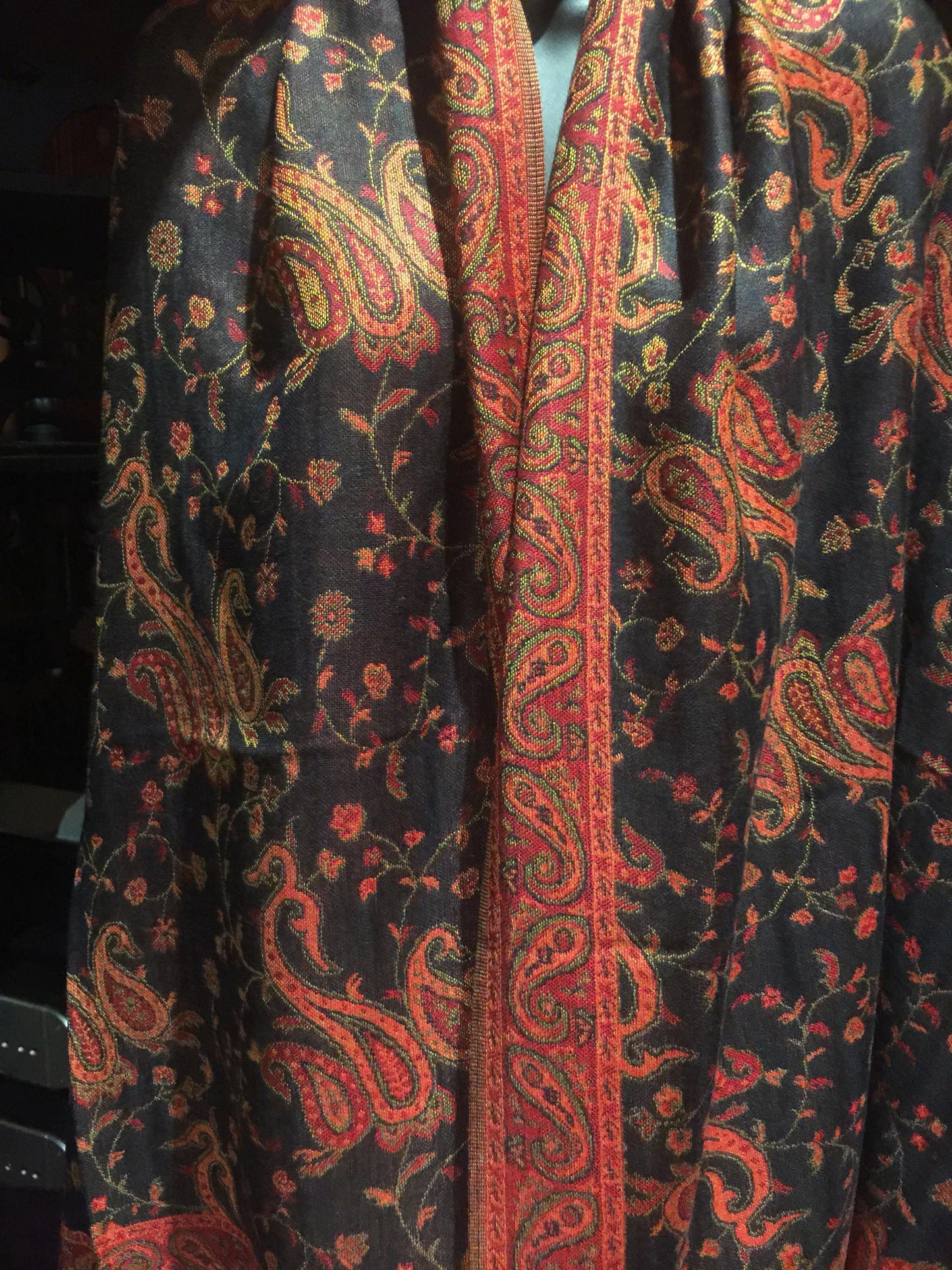 Vintage Black and Burgundy Paisley Brocade Pashmina Scarf Wrap Shawl