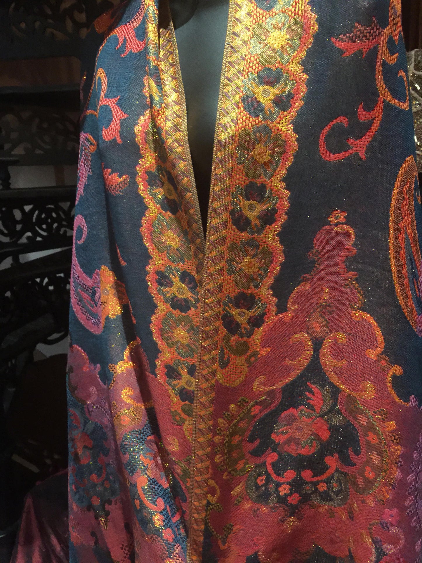Golden Vintage Navy Blue Red Purple Paisley Brocade Pashmina Scarf Wrap