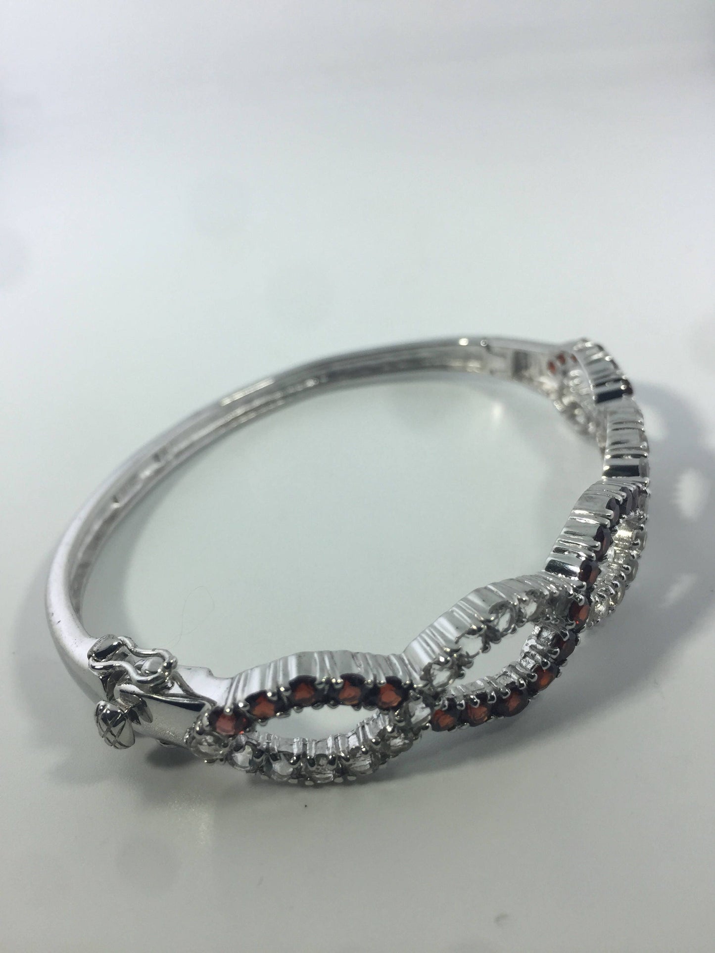 Genuine Garnet and White Sapphire Gemstone 925 Sterling Silver Vintage Bangle Bracelet
