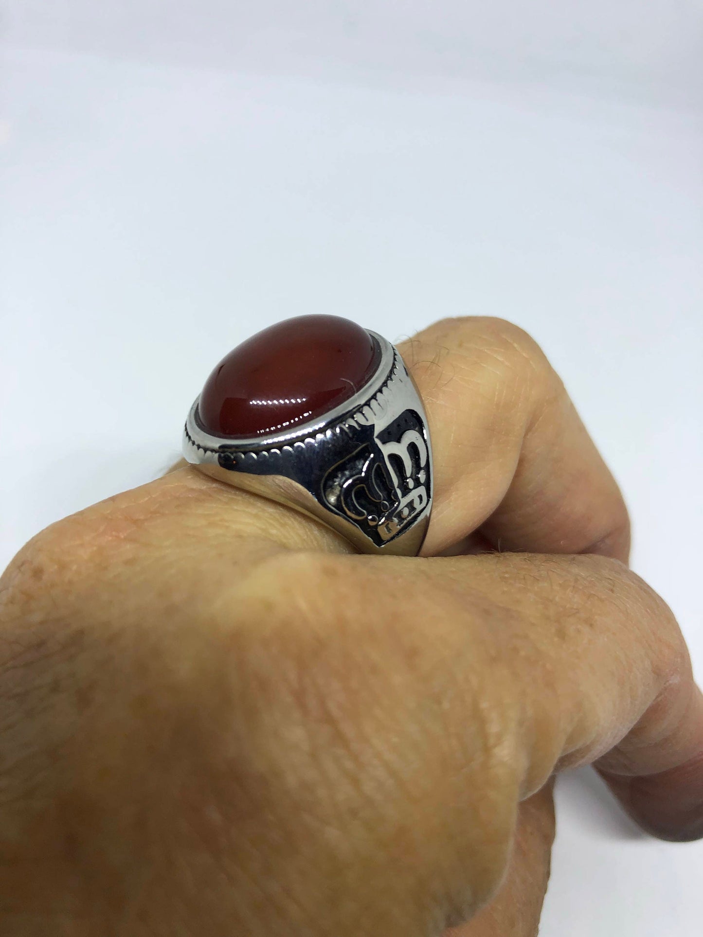 Vintage Gothic Silver Genuine Red Carnelian Crown Mens Ring