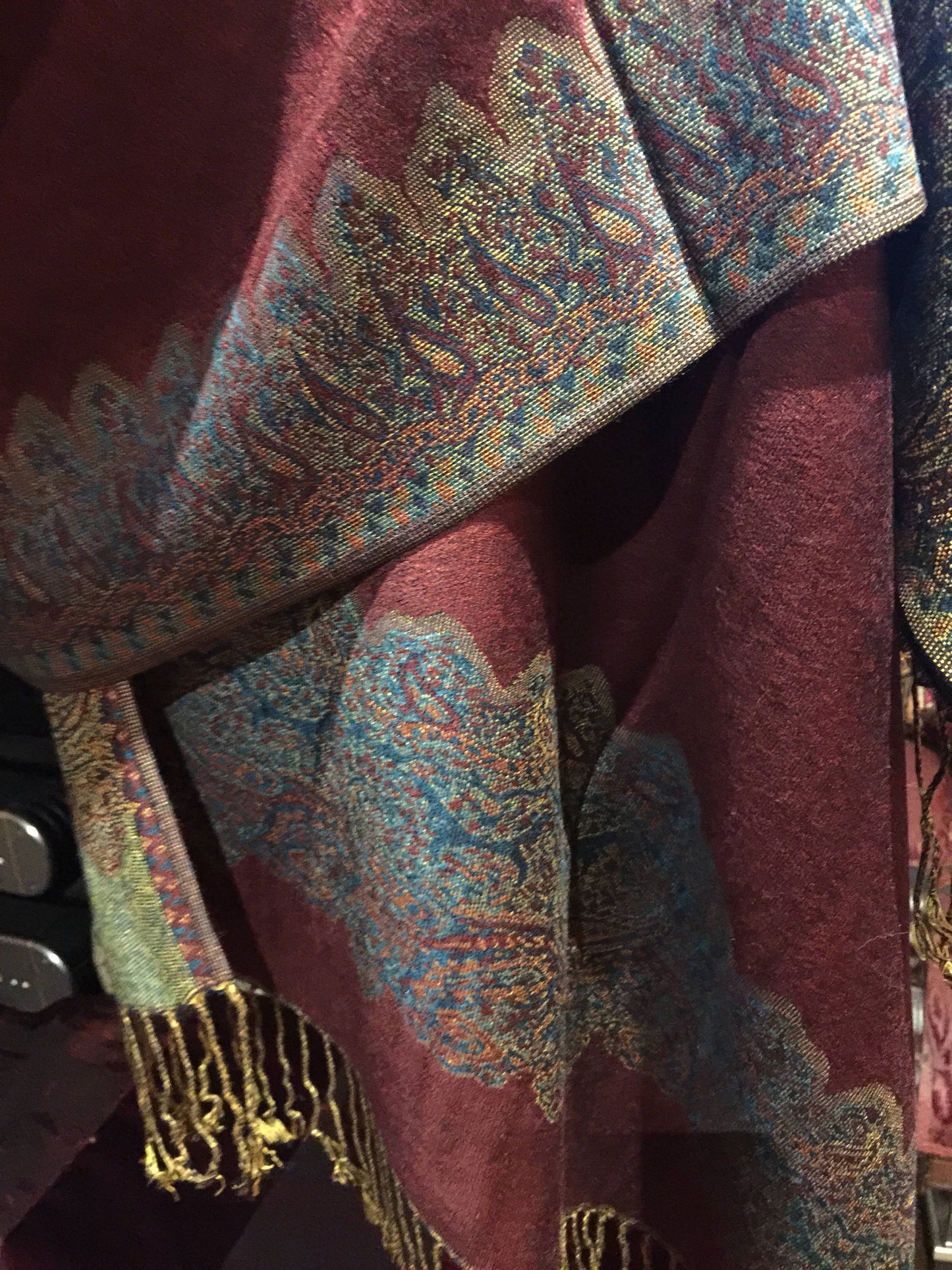 Vintage Burgundy Turquoise Paisley Brocade Pashmina Scarf Wrap