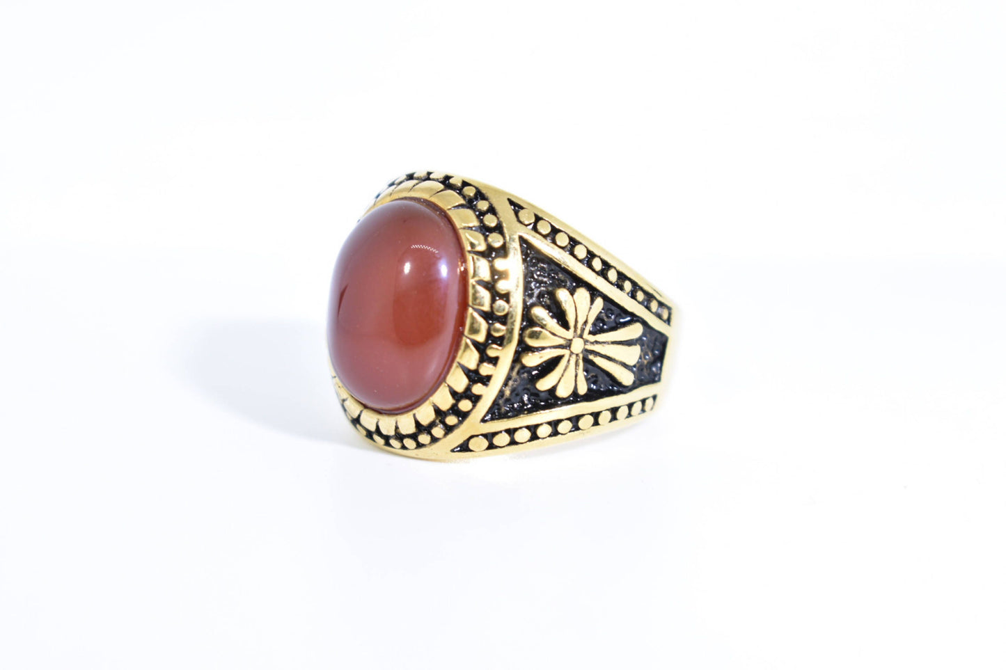 Vintage Gothic Gold Finished Genuine Red Carnelian Cross Mens Ring