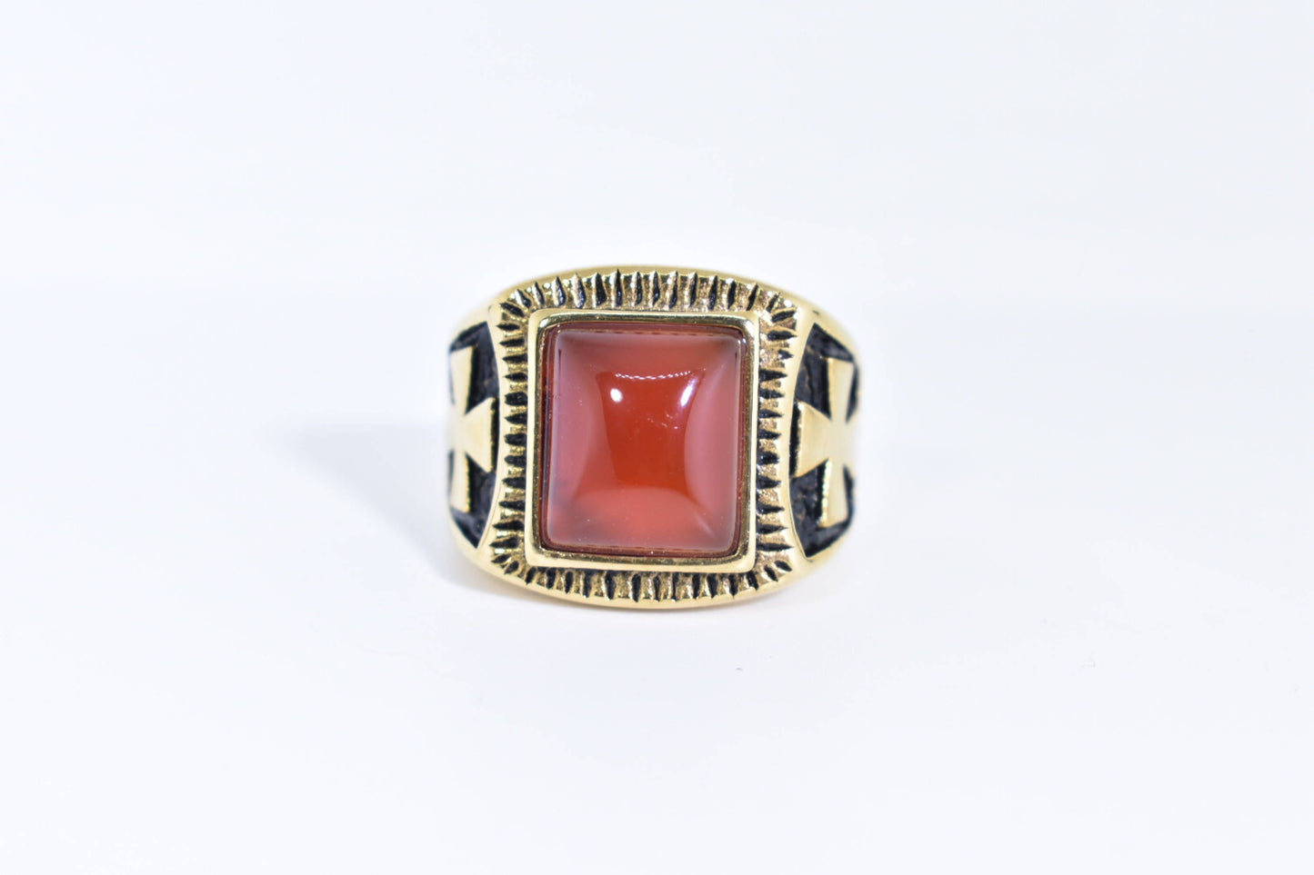 Vintage Gothic Gold Finished Genuine Red Carnelian Cross Mens Ring