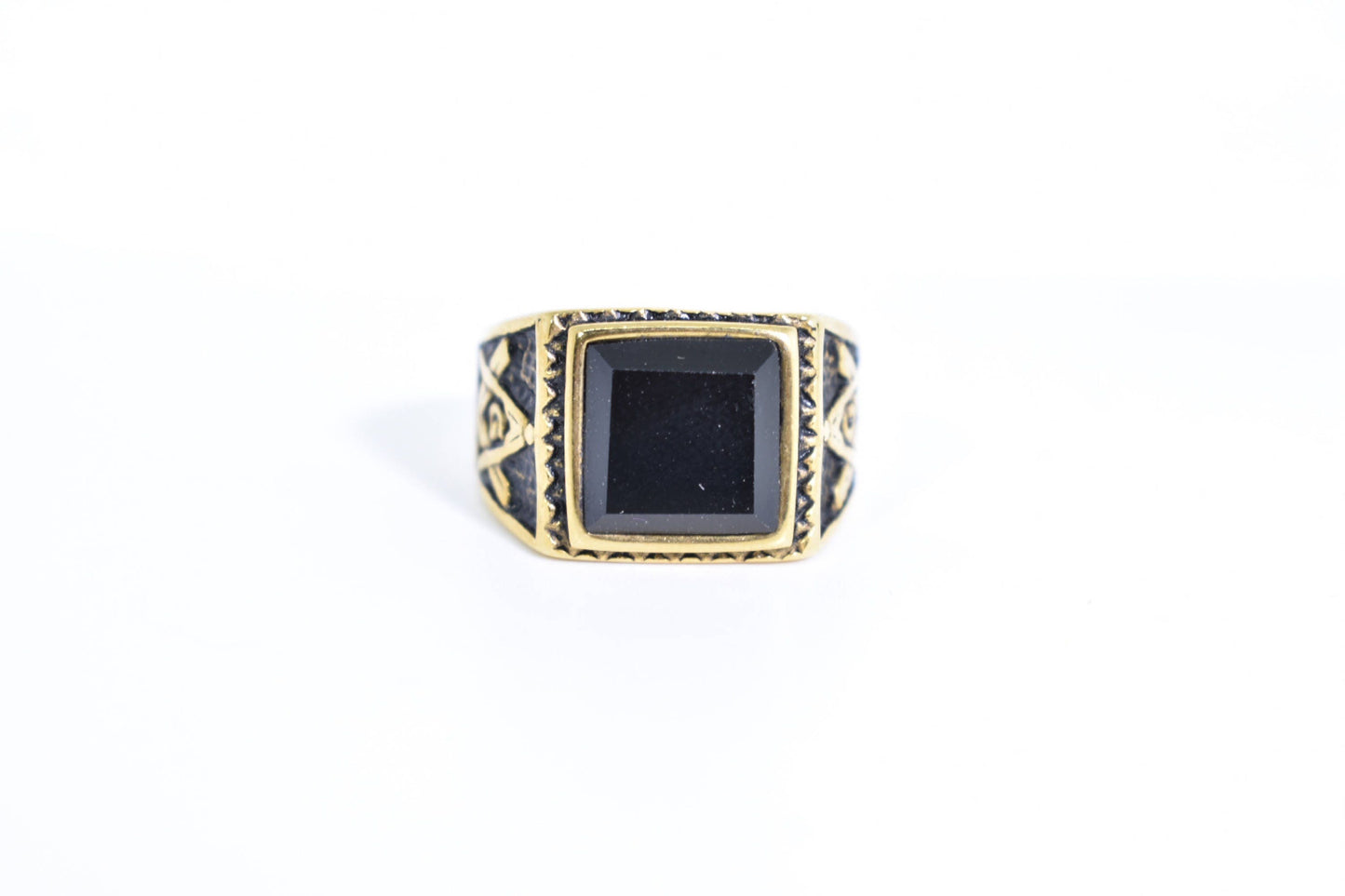 Vintage Gothic Silver Stainless Steel Genuine Black Onyx Free Mason Mens Ring
