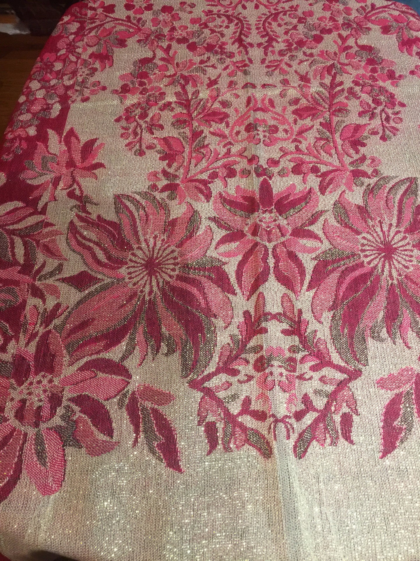 Vintage Fuscia White Silver Brocade Flower Pashmina Scarf Wrap