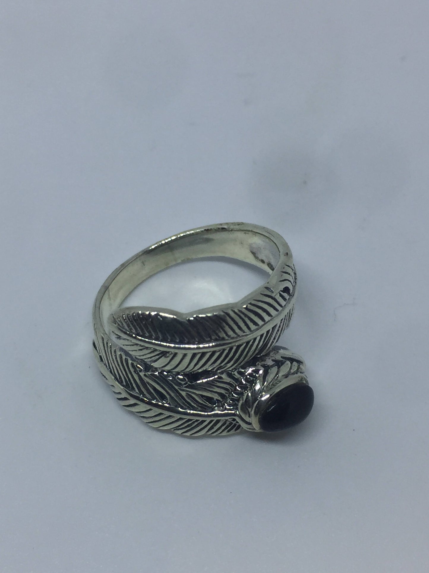 Vintage Antique Southwestern Black Onyx 925 Sterling Silver wrap feather Ring