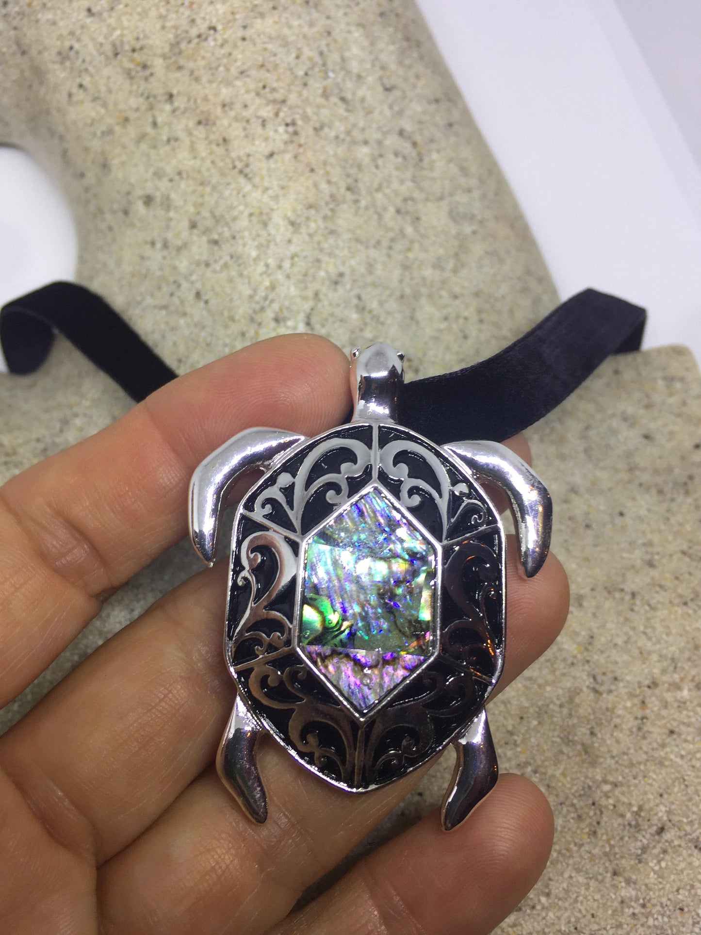 Blue Handmade Gothic Styled Silver Finished Genuine Abalone Sea Turtle Choker Necklace