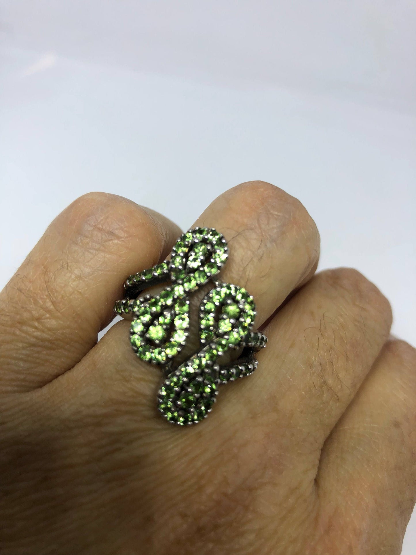 Vintage Handmade Genuine Green Peridot Filigree Setting 925 Sterling Silver Gothic Ring