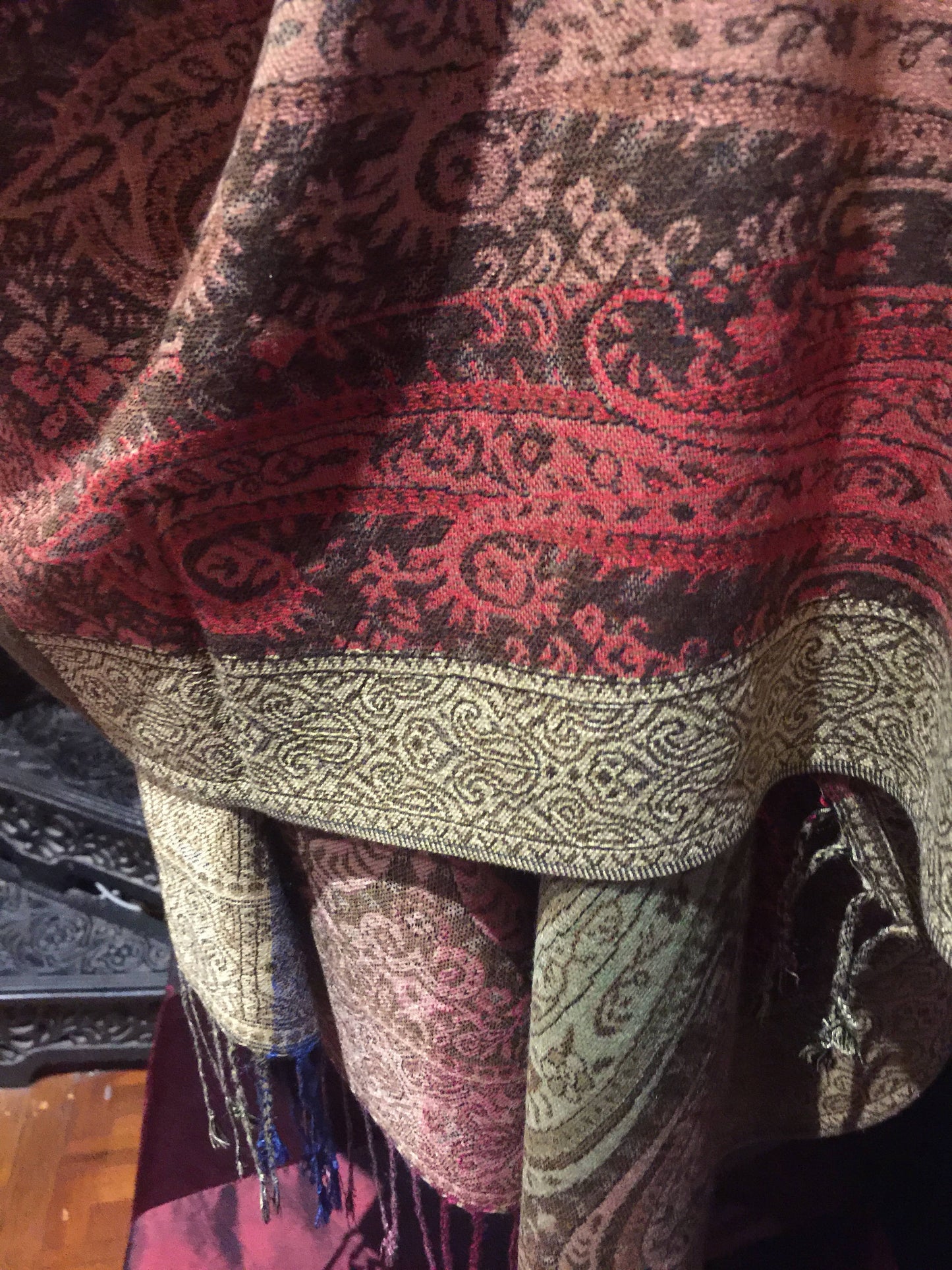 Vintage Brown Paisley Brocade Pashmina Scarf Wrap Shawl