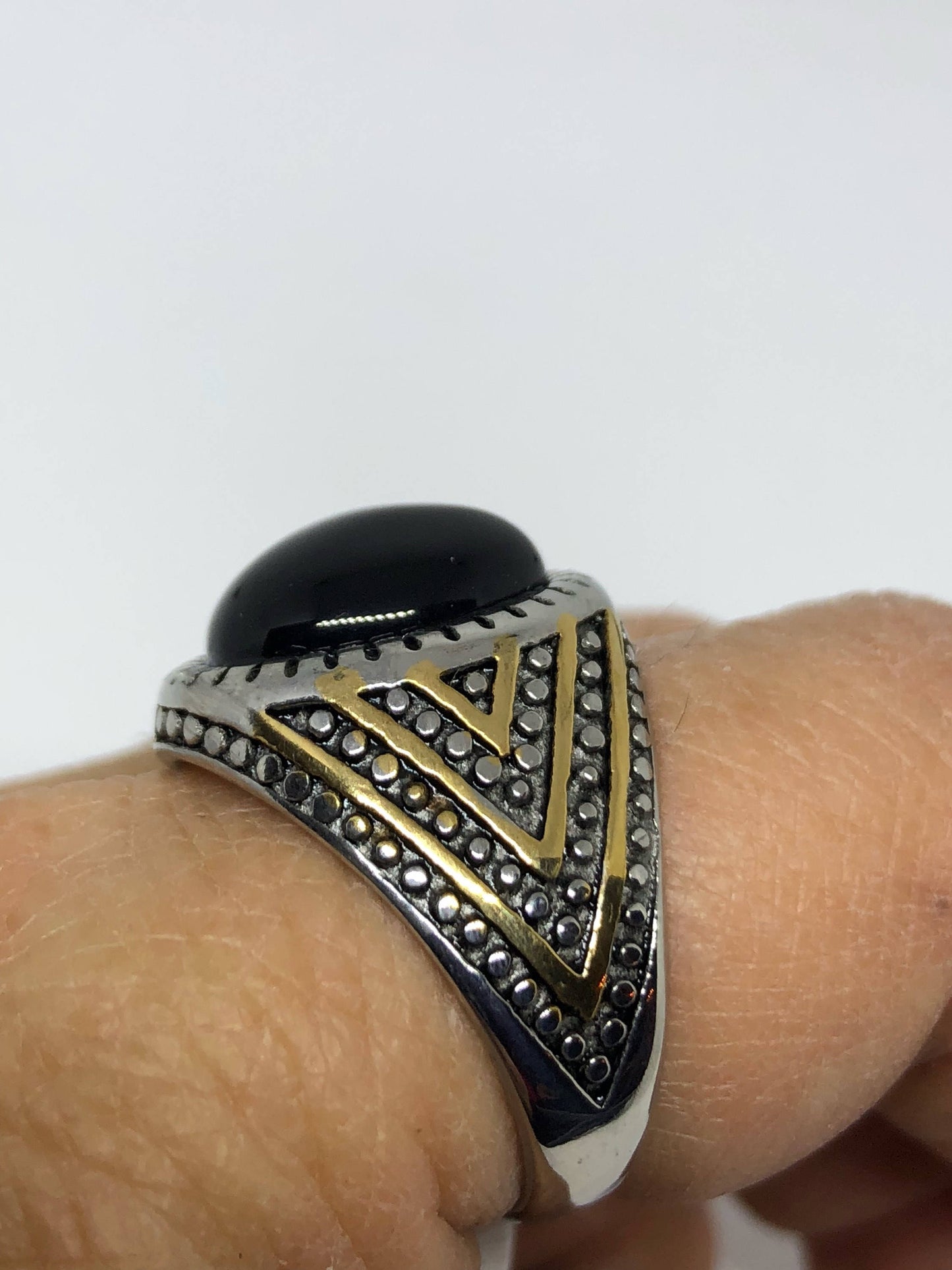 Vintage Gothic Black Onyx Stainless Steel Mens Ring