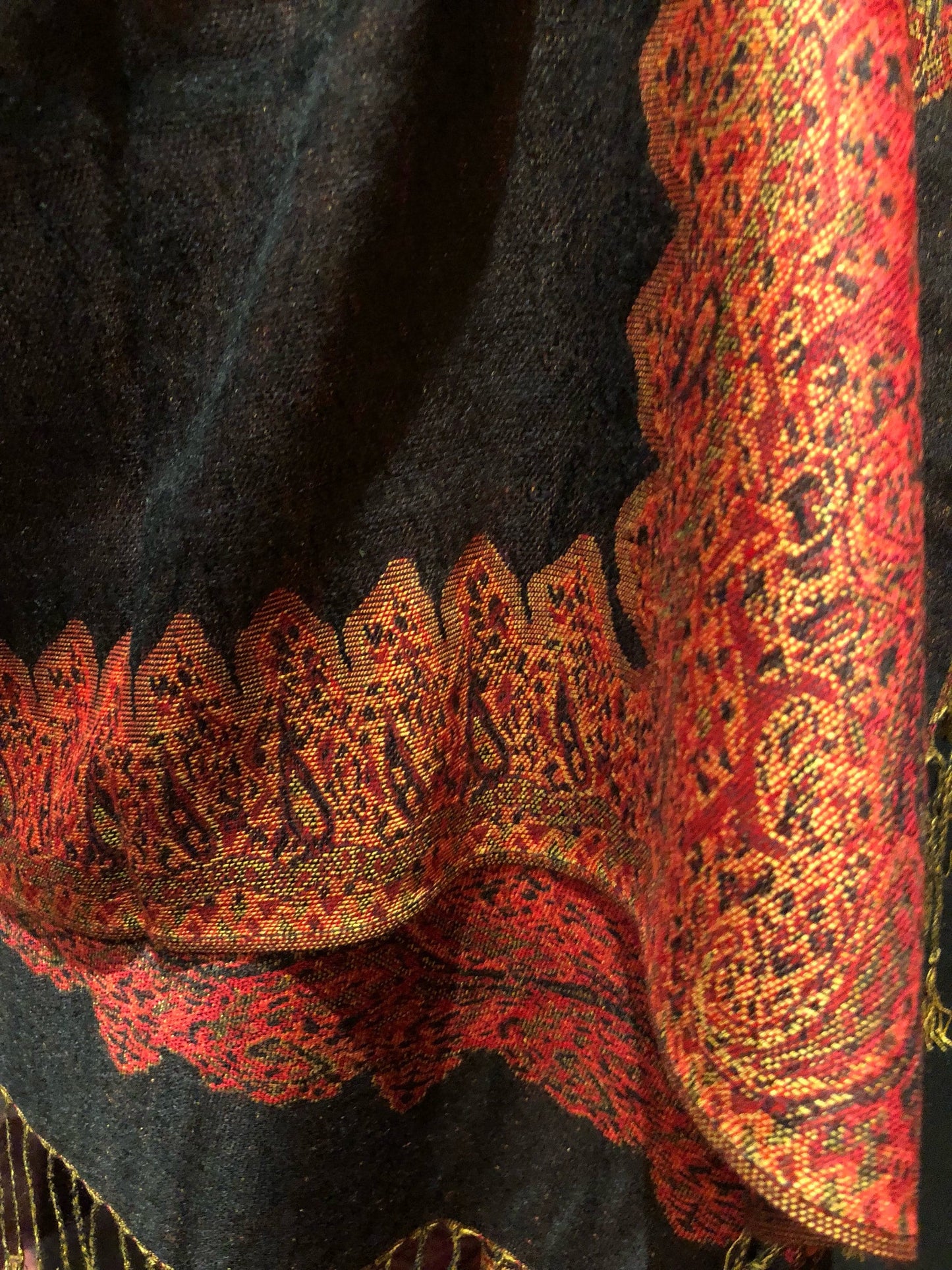 Vintage Reversible Black and Red Paisley Pashmina Scarf Wrap Shawl