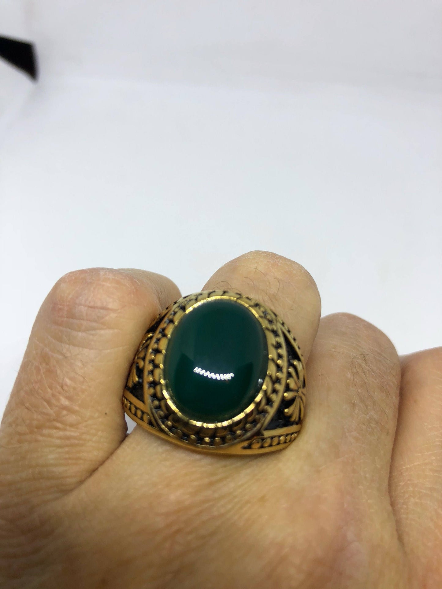 Vintage Gothic Golden Stainless Steel Genuine Green Onyx Mens Cross Ring