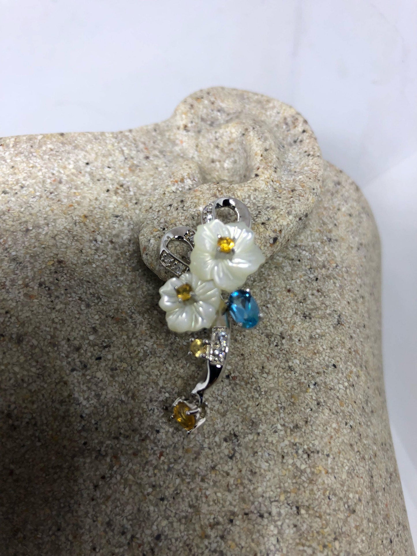Vintage Genuine Gemstone Mother of Pearl Flower 925 Sterling Silver Dangle Earrings