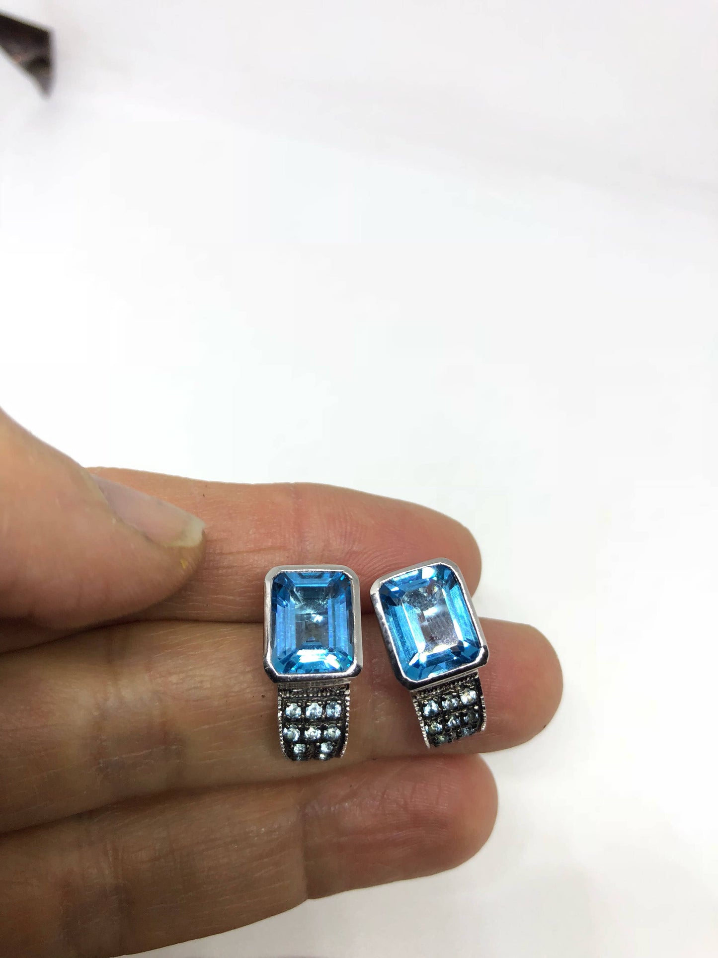Vintage Mixed Genuine Blue Topaz Gemstone Filigree 925 Sterling Silver Earrings