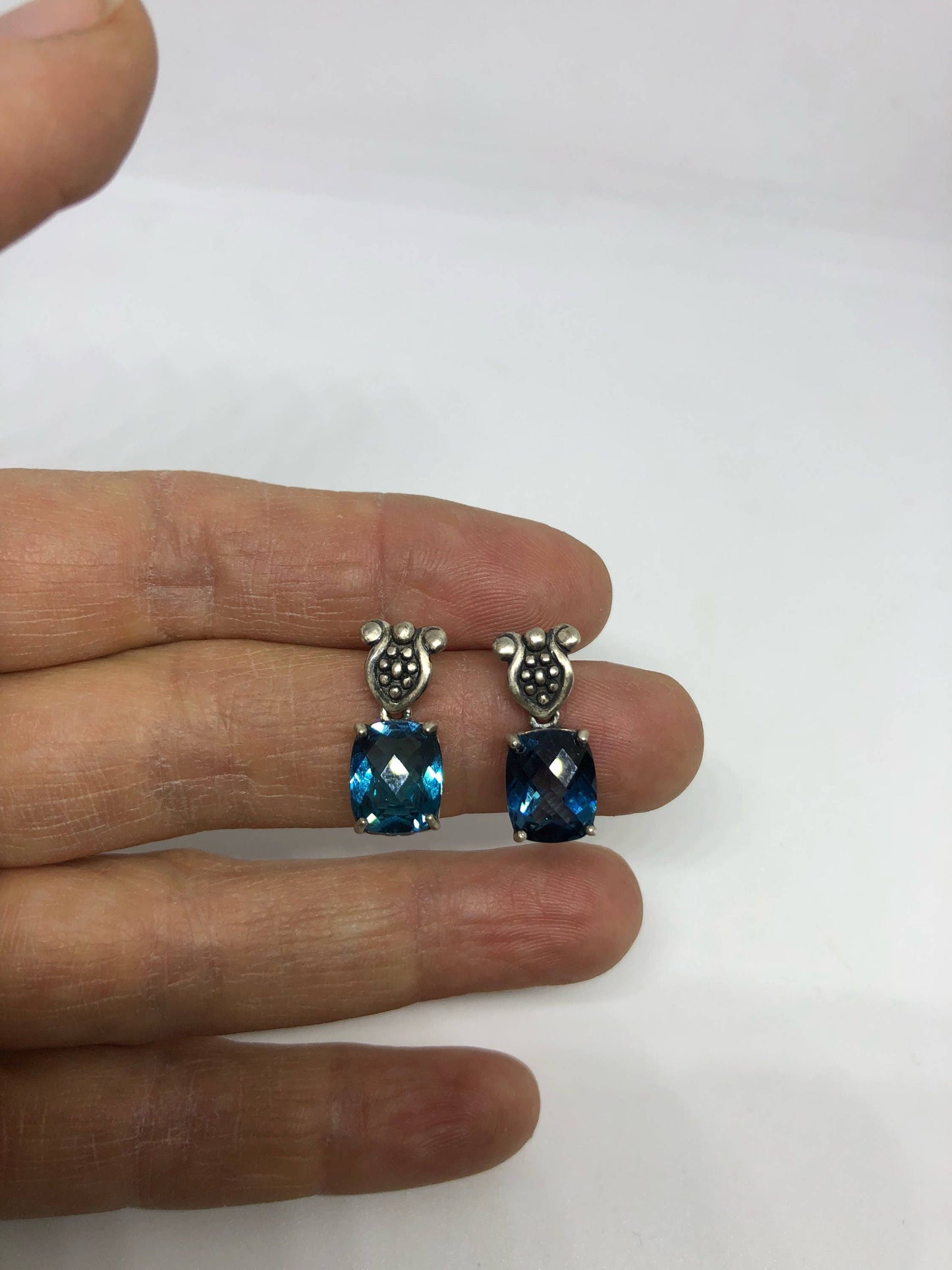 Vintage Mixed Genuine Blue Topaz Gemstone Filigree 925 Sterling Silver Earrings