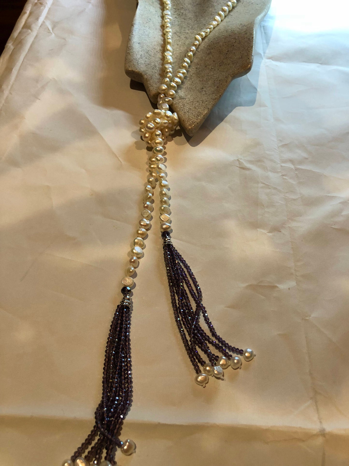 Hand Wrapped White Pearl tassel lariat Necklace