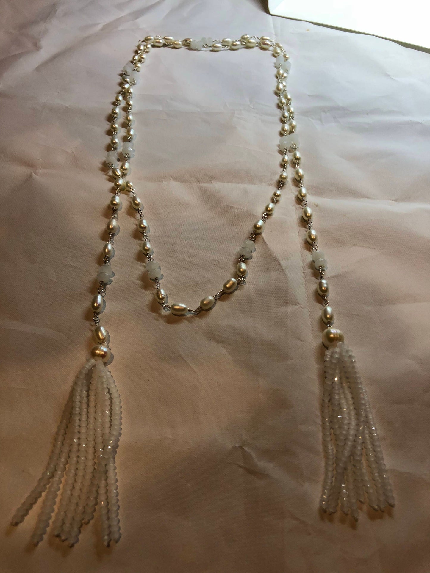 Hand Wrapped White Pearl tassel lariat Necklace