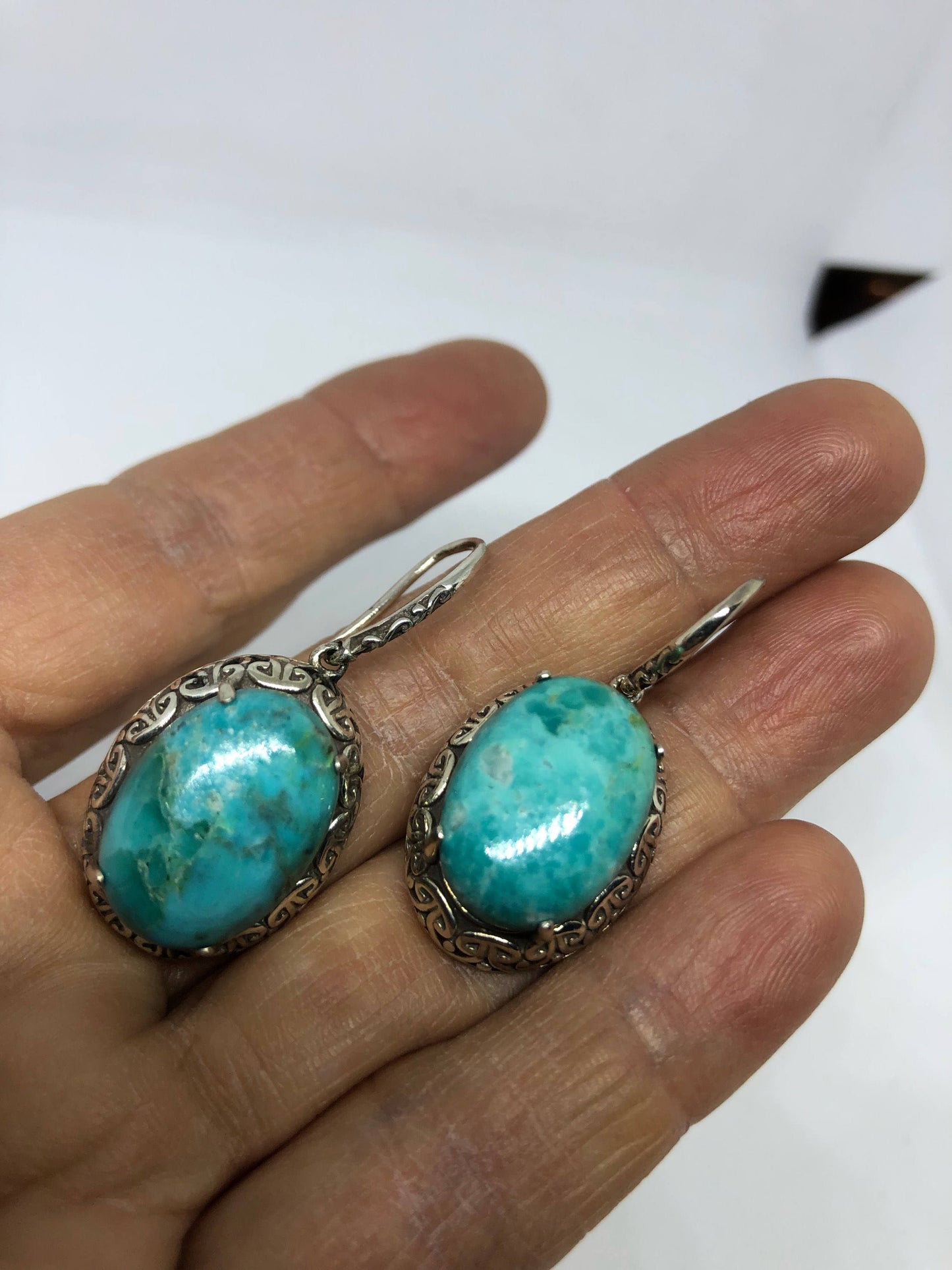 Vintage Handmade Sterling Silver genuine deep blue turquoise earrings