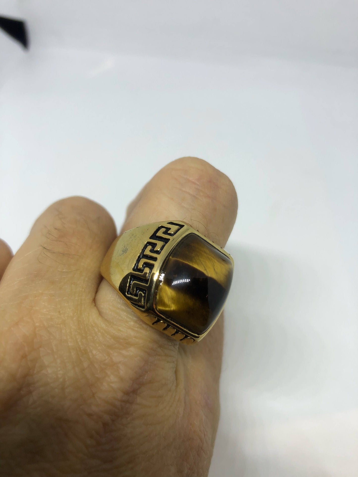Vintage Gothic Gold Finished Stainless Steel Genuine Tigers Eye Ring