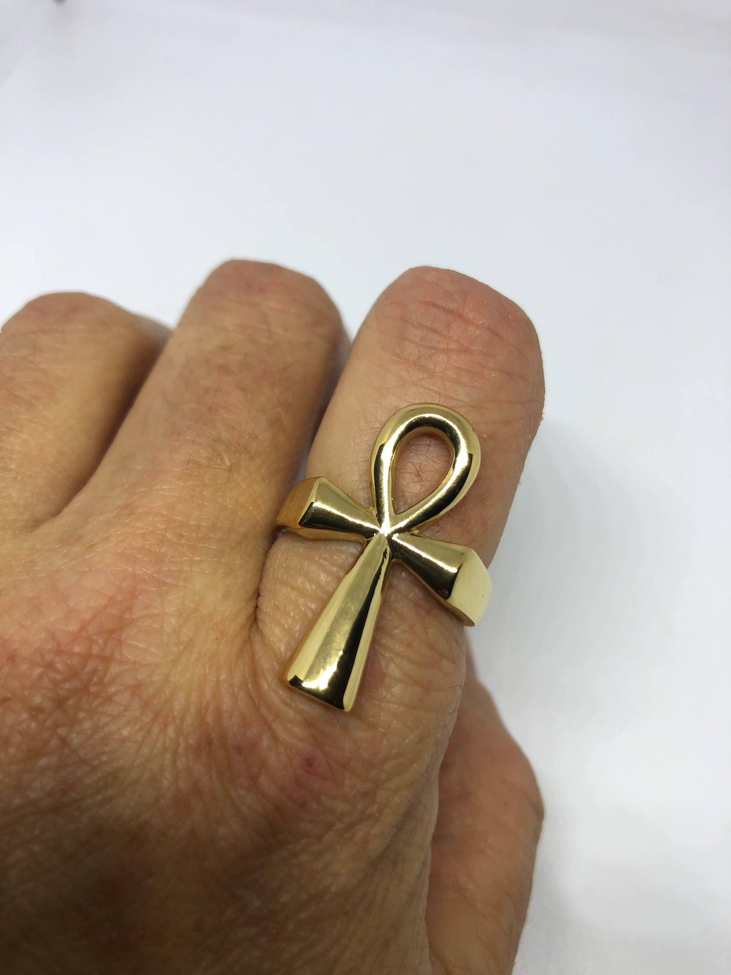 Vintage Golden Stainless Steel Gothic Egyptian Ankh Mens Ring