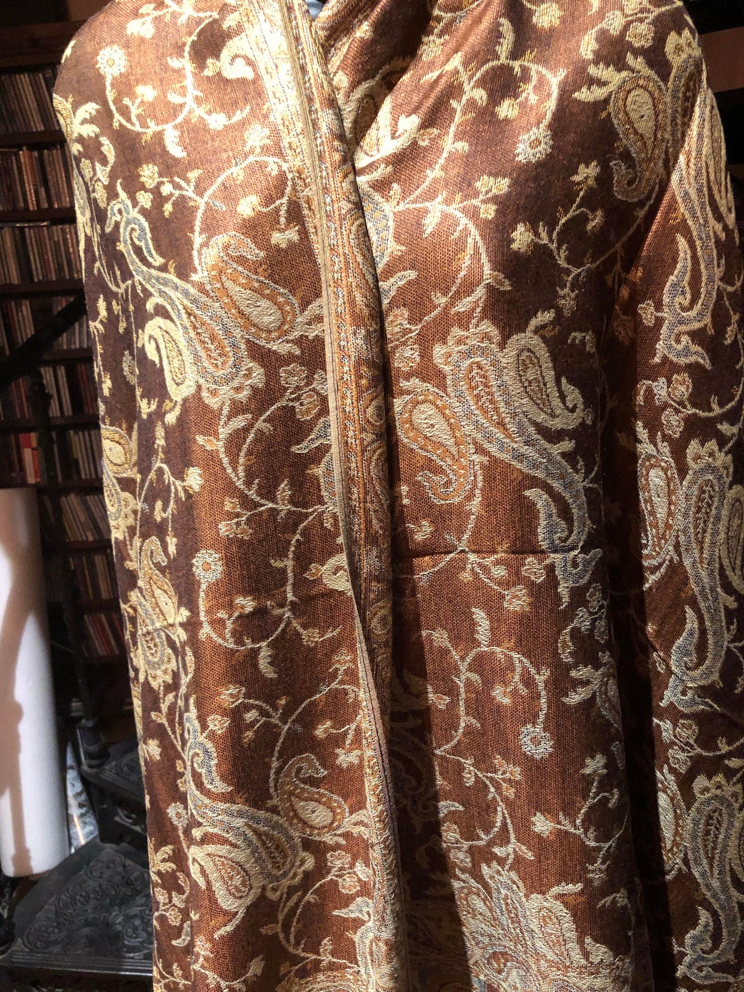 Vintage Yellow Brown Paisley Brocade Pashmina Scarf Wrap