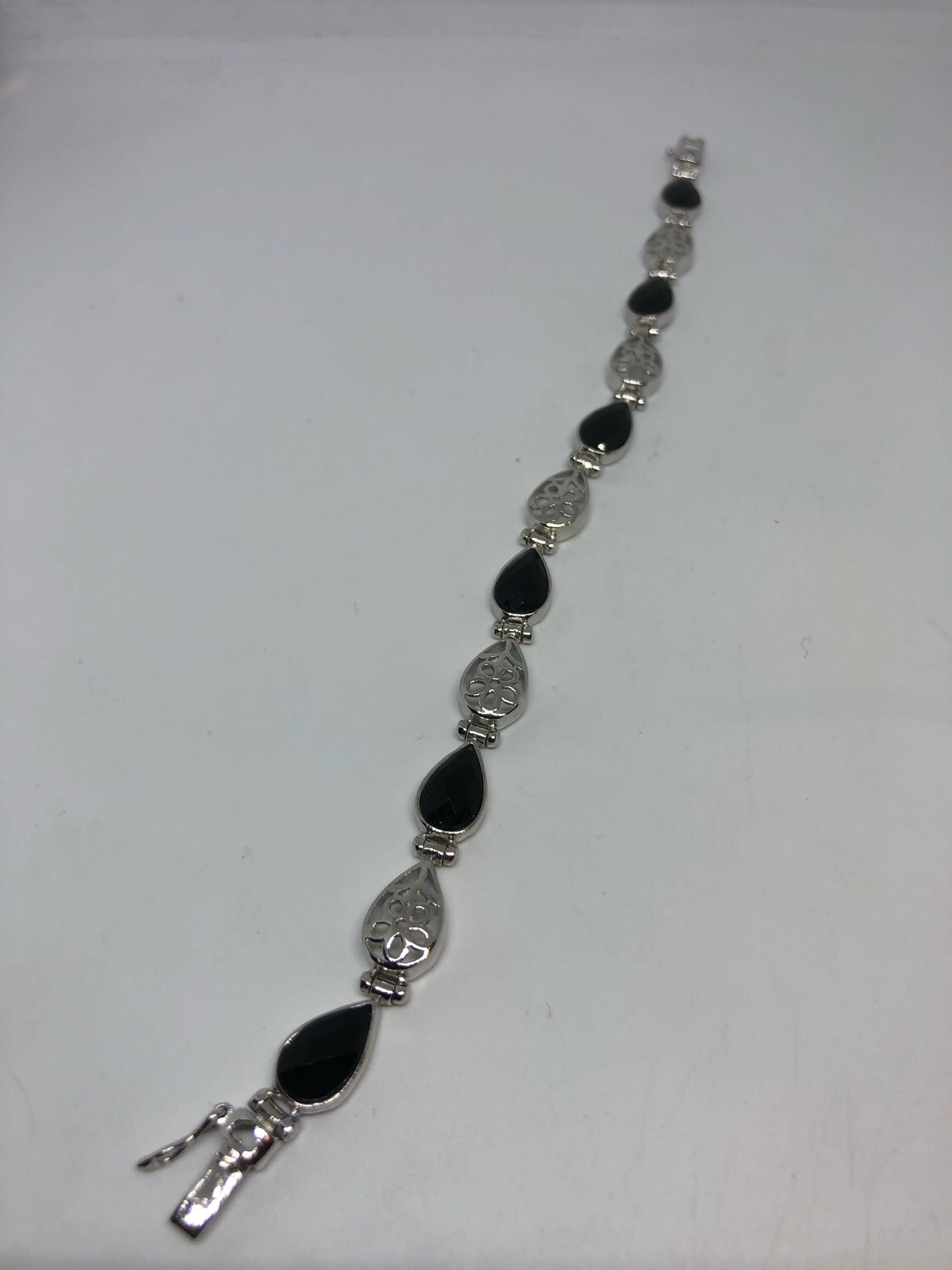 Vintage Hand Made 925% Sterling Silver Crystal Filligree Black Jet Faceted Onyx Bracelet